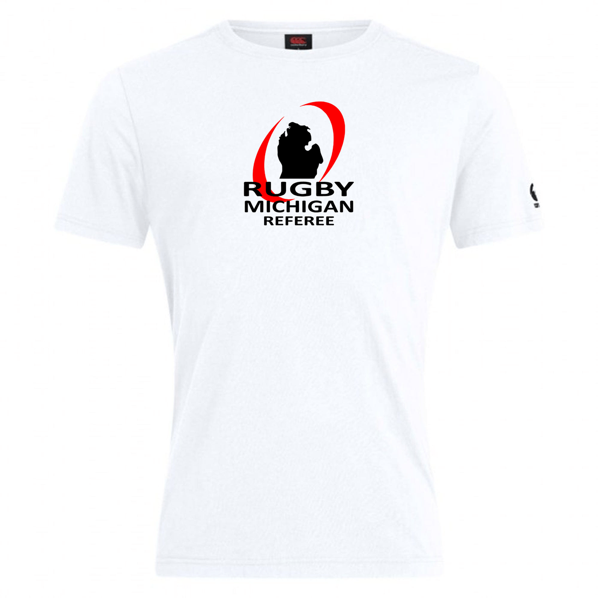 Introducing the Rugby Michigan Referee Society Club Plain Tee by Canterbury, brought to you by WRS Canterbury. This white shirt blends premium cotton and showcases "Rugby Michigan Referee" alongside a silhouette logo of a rugby player on the front. Ideal for adding your personal touch to match your unique style.