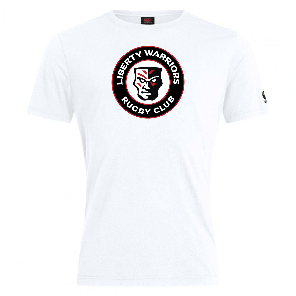 The Liberty Lake Warriors Club Plain Tee by WRS Canterbury is a white t-shirt made from a premium cotton-heavy blend. It features the "Liberty Warriors Rugby Club" logo with a stylized face inside a circle on the front, offering both comfort and style while allowing for subtle customization to suit your personal taste.