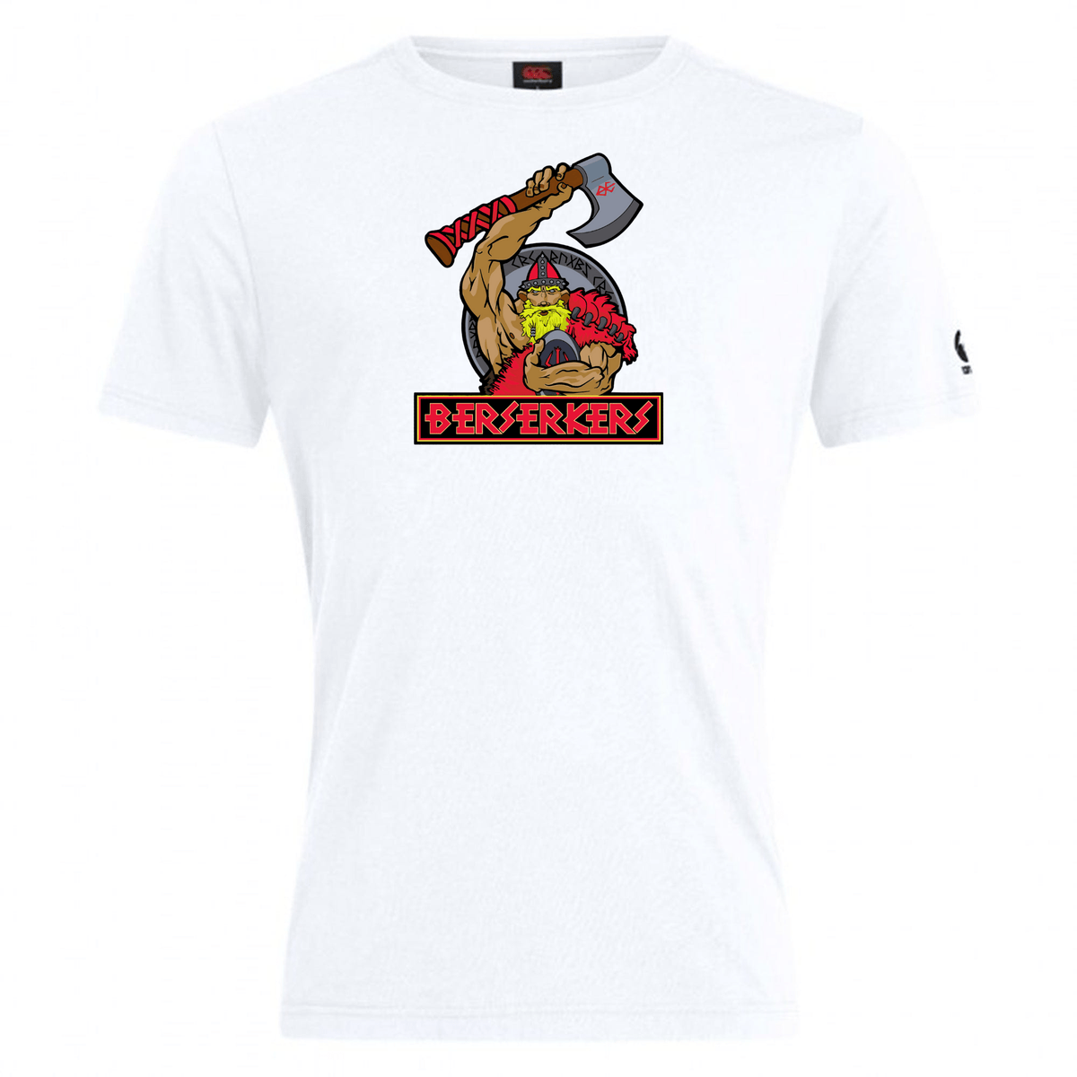 White cotton blend Berserkers Club Plain Tee featuring an illustration of a muscular Viking warrior with a raised axe, and the word "BERSERKERS" in bold red text beneath. Customizable for CCC Club members by WRS Canterbury.