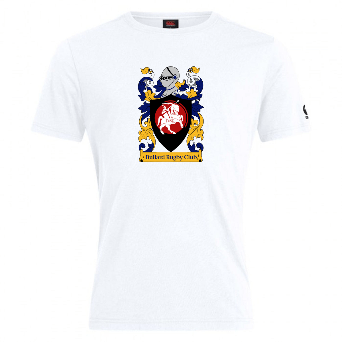 White cotton blend T-shirt, known as the Bullard Rugby Club Plain Tee by Canterbury, showcasing the Bullard Rugby Club logo with a knight helmet and emblem in blue and yellow. This WRS Canterbury T-shirt is ideal for fans who appreciate a classic look accompanied by high-quality customization options.