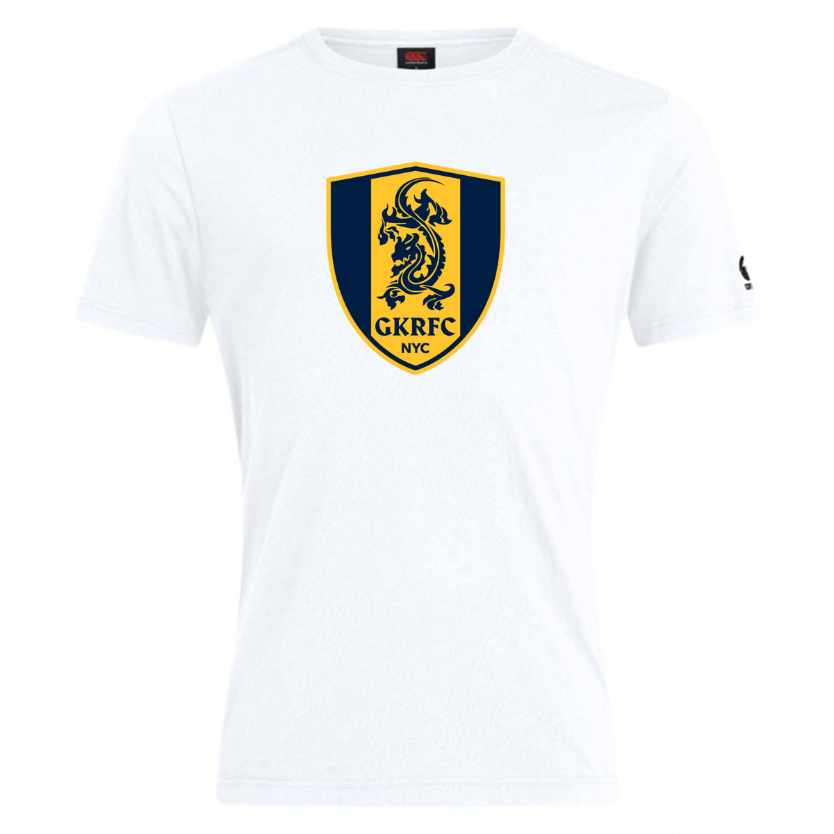 The Gotham Knights Club Plain Tee by Canterbury from WRS Canterbury features a navy and gold shield emblem with a lion and the text "GKRFC NYC" in the center, crafted from a premium cotton-heavy blend for ultimate comfort.