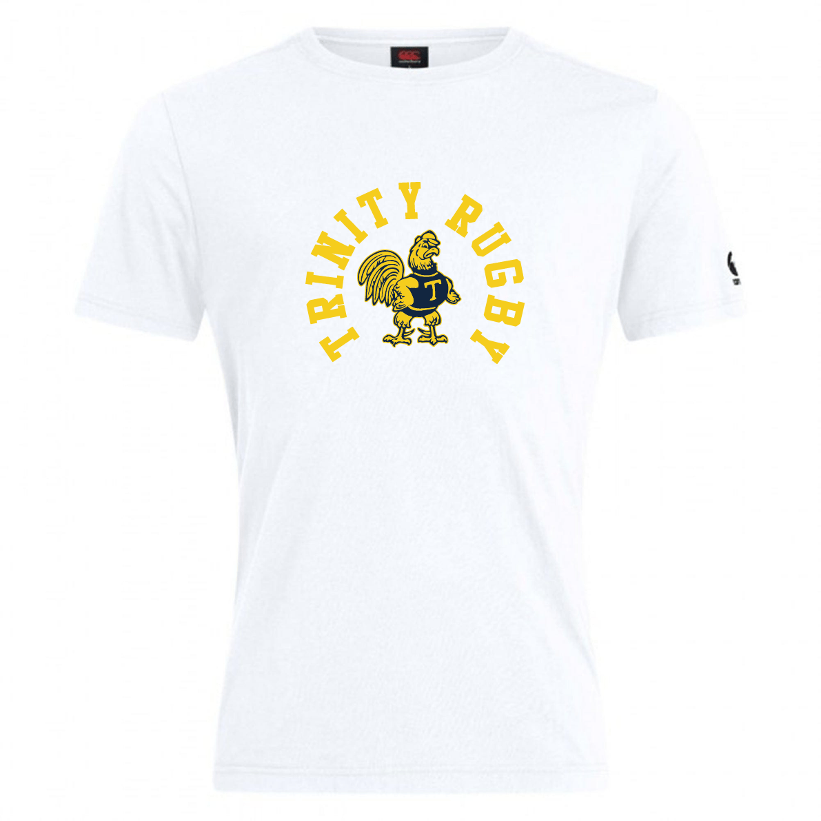 The Trinity College Club Plain Tee by WRS Canterbury is a white t-shirt, expertly crafted from a premium cotton-heavy blend. It features a customizable yellow rooster logo with "TRINITY RUGBY" prominently displayed above it in bold yellow text.
