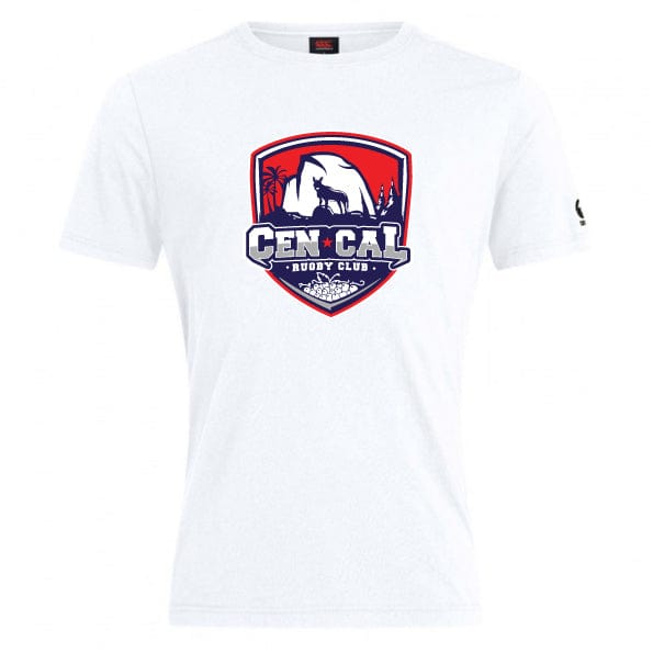 The CenCal Rugby Club Plain Tee by WRS Canterbury features a red and blue crest with mountains, trees, and a bear on white cotton blend—perfect for fans and players.
