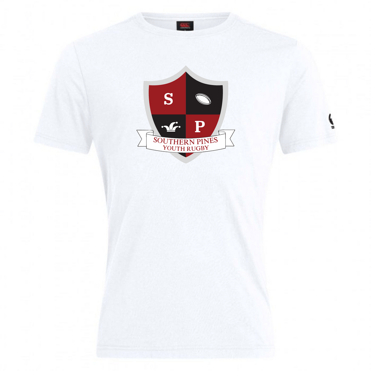 Discover the premium comfort of the Southern Pines Youth Rugby Club Plain Tee by WRS Canterbury. This customizable white t-shirt, featuring a red and black shield with "SP" and a rugby ball, is more than just apparel—it's your personal rugby statement.