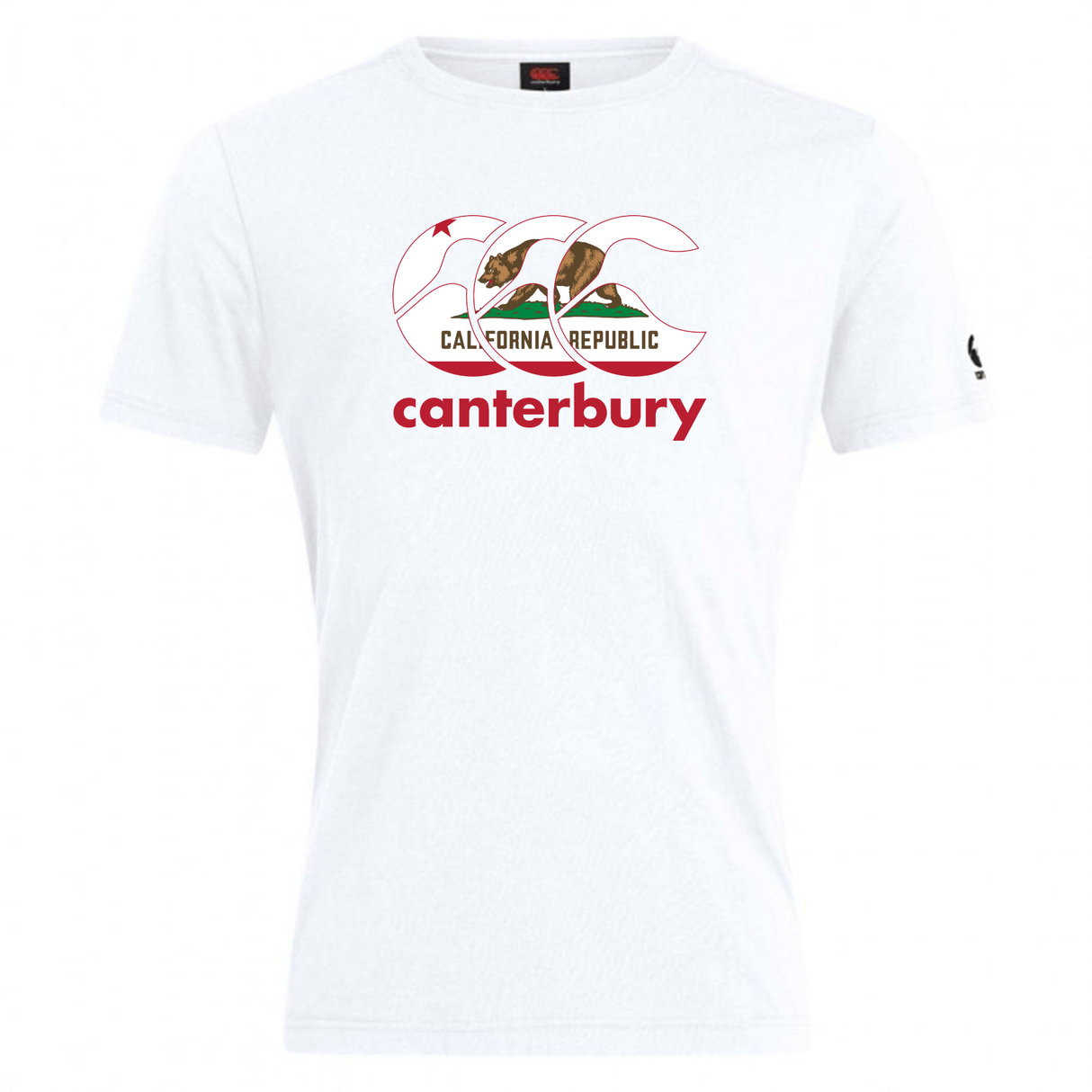 The WRS Canterbury California CCC Flag Club T-shirt showcases a white design with the iconic bear flag and red "canterbury" text—perfect for displaying your rugby state pride.