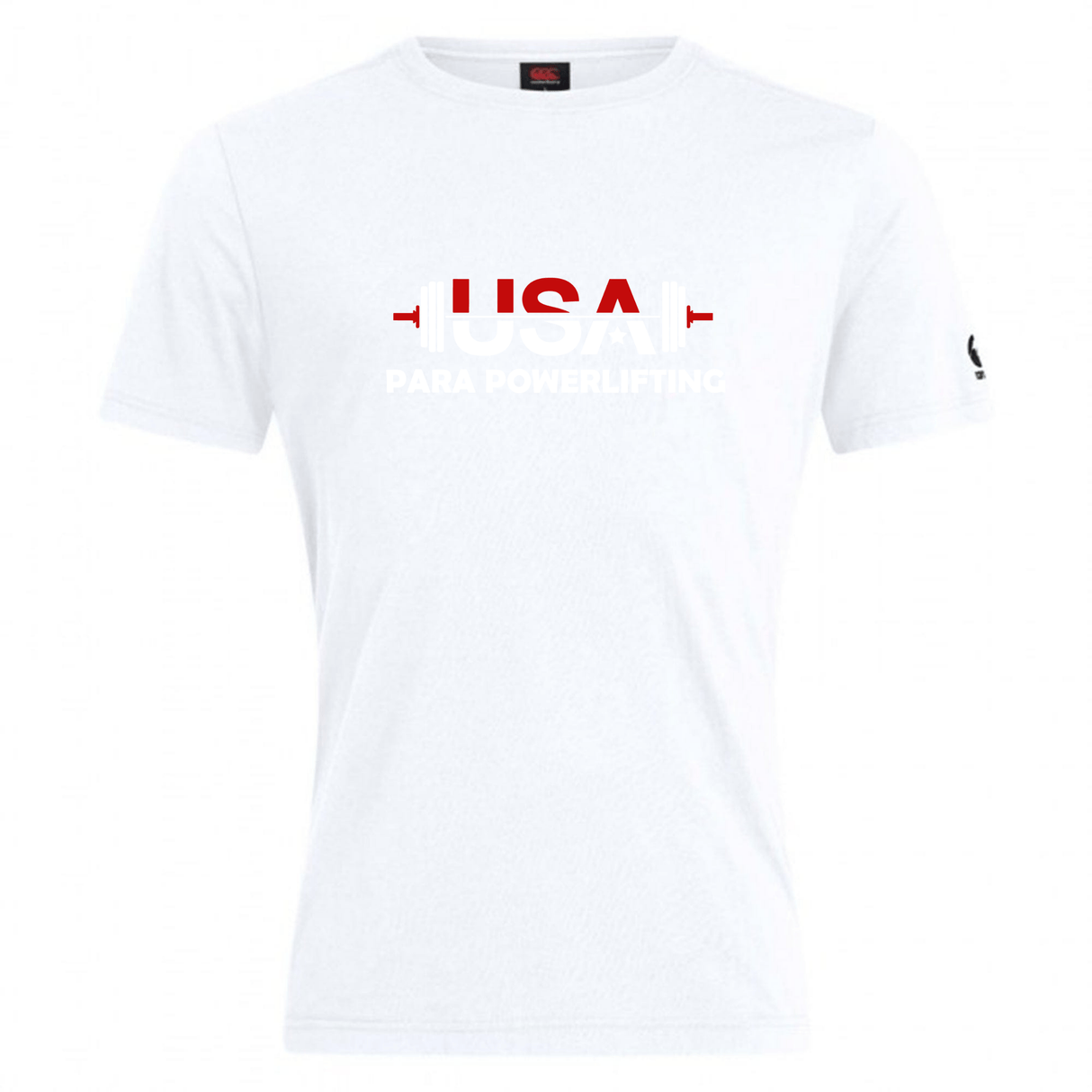 The USA Para Powerlifting Club Plain Tee by WRS Canterbury is a white cotton-blend shirt featuring "USA PARA POWERLIFTING" in bold with red lines beside "USA" on the chest.