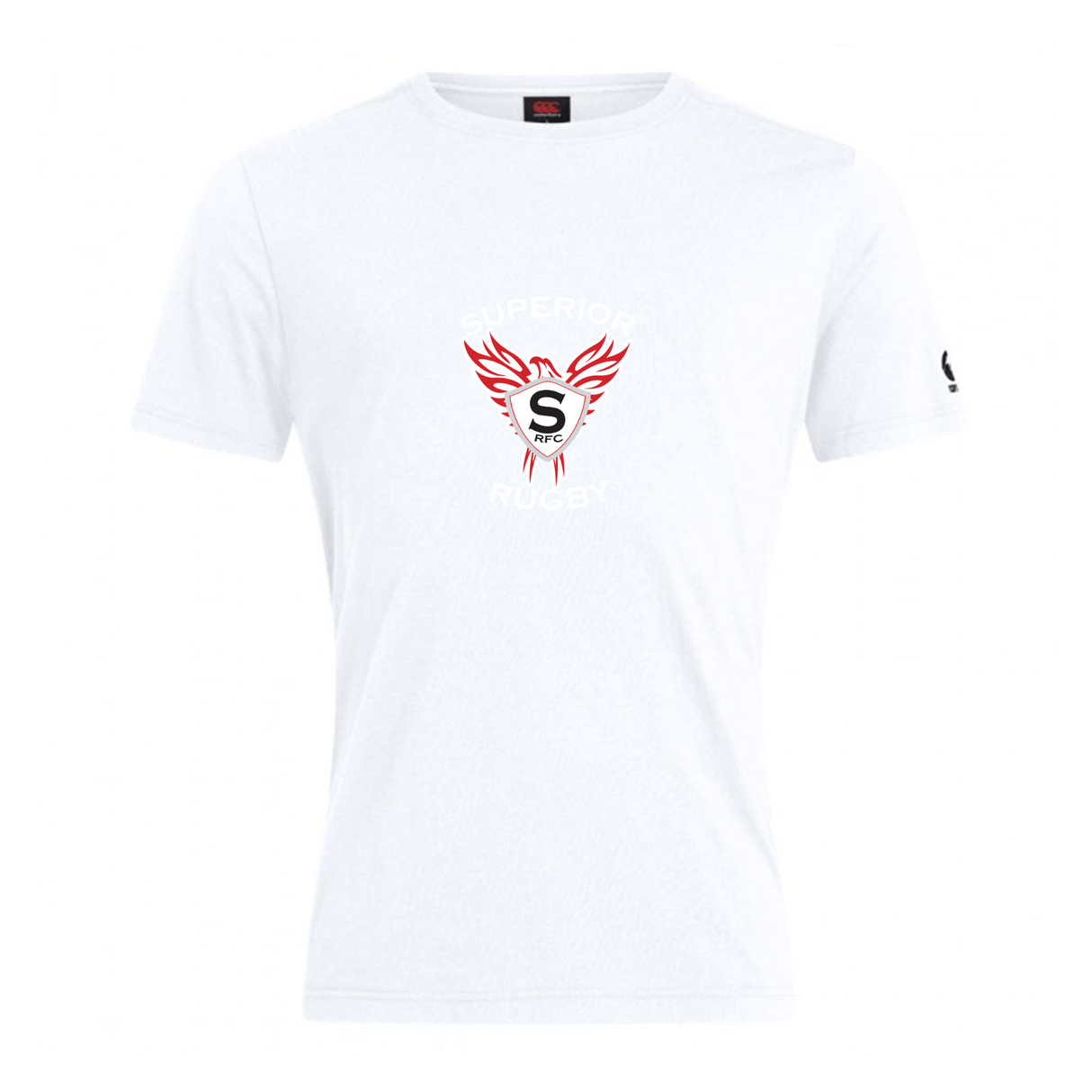 The Superior Rugby Club Plain Tee by WRS Canterbury is a white cotton blend shirt with a red and black "Superior Rugby" winged logo on the chest and a small "S" logo on the left sleeve.
