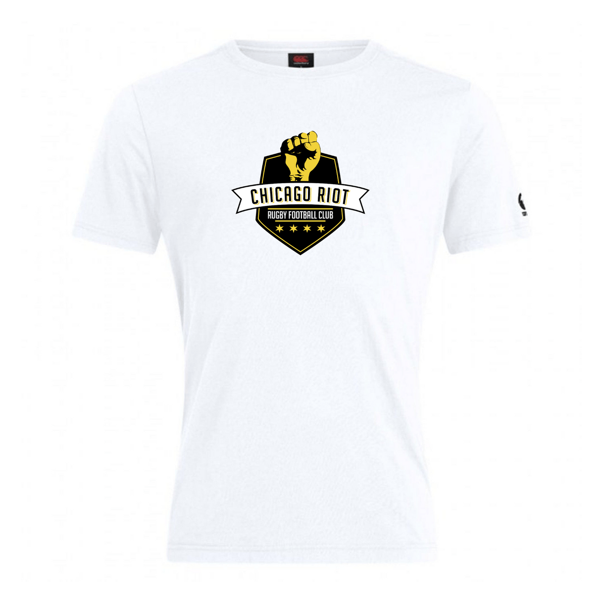 The Chicago Riot Club Plain Tee by WRS Canterbury is a white cotton-blend shirt featuring the club's black and yellow raised fist and stars logo on the front.