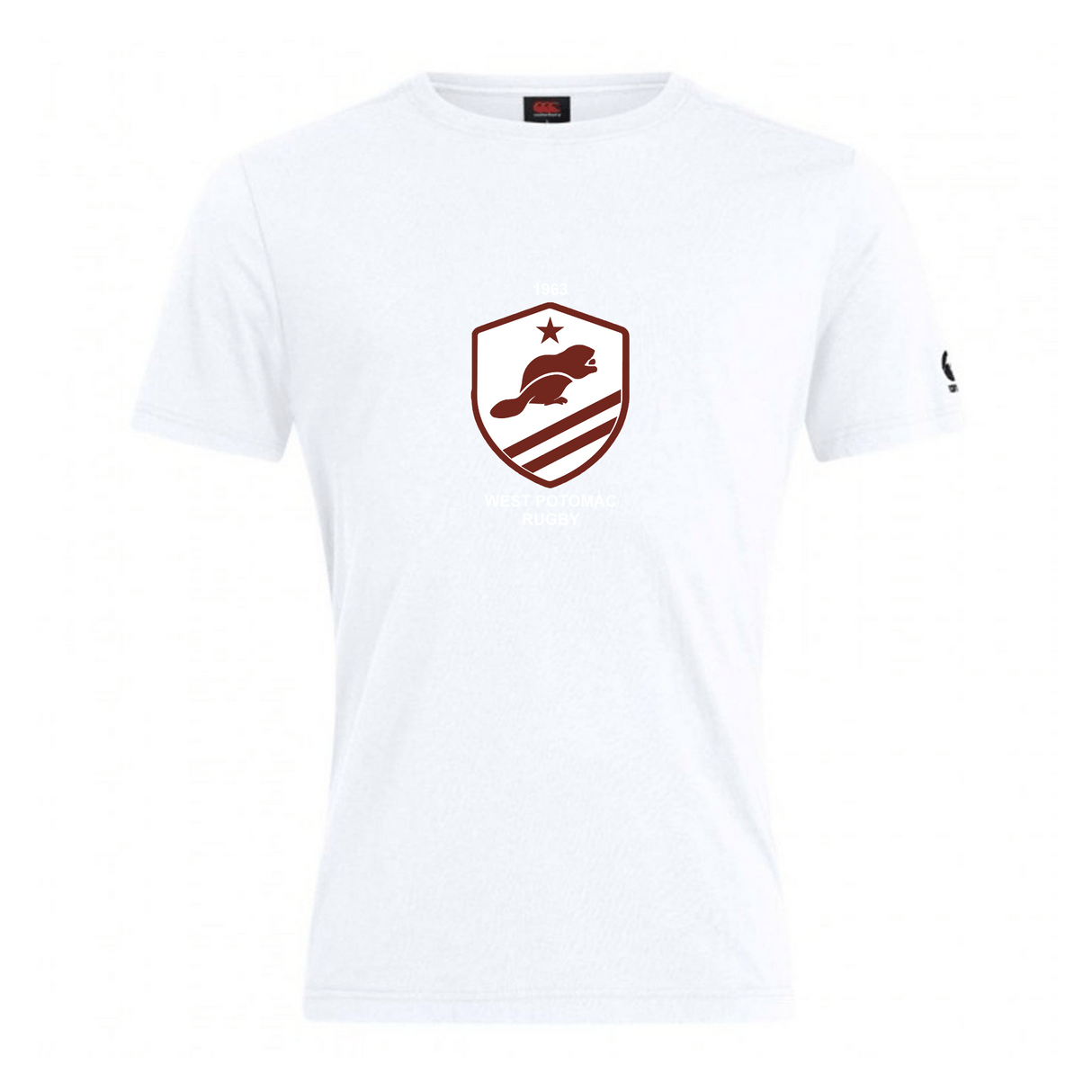 The West Potomac RFC Club Plain Tee by WRS Canterbury is a white cotton blend shirt with a maroon beaver logo with a star and stripes on the chest and a small sleeve logo.