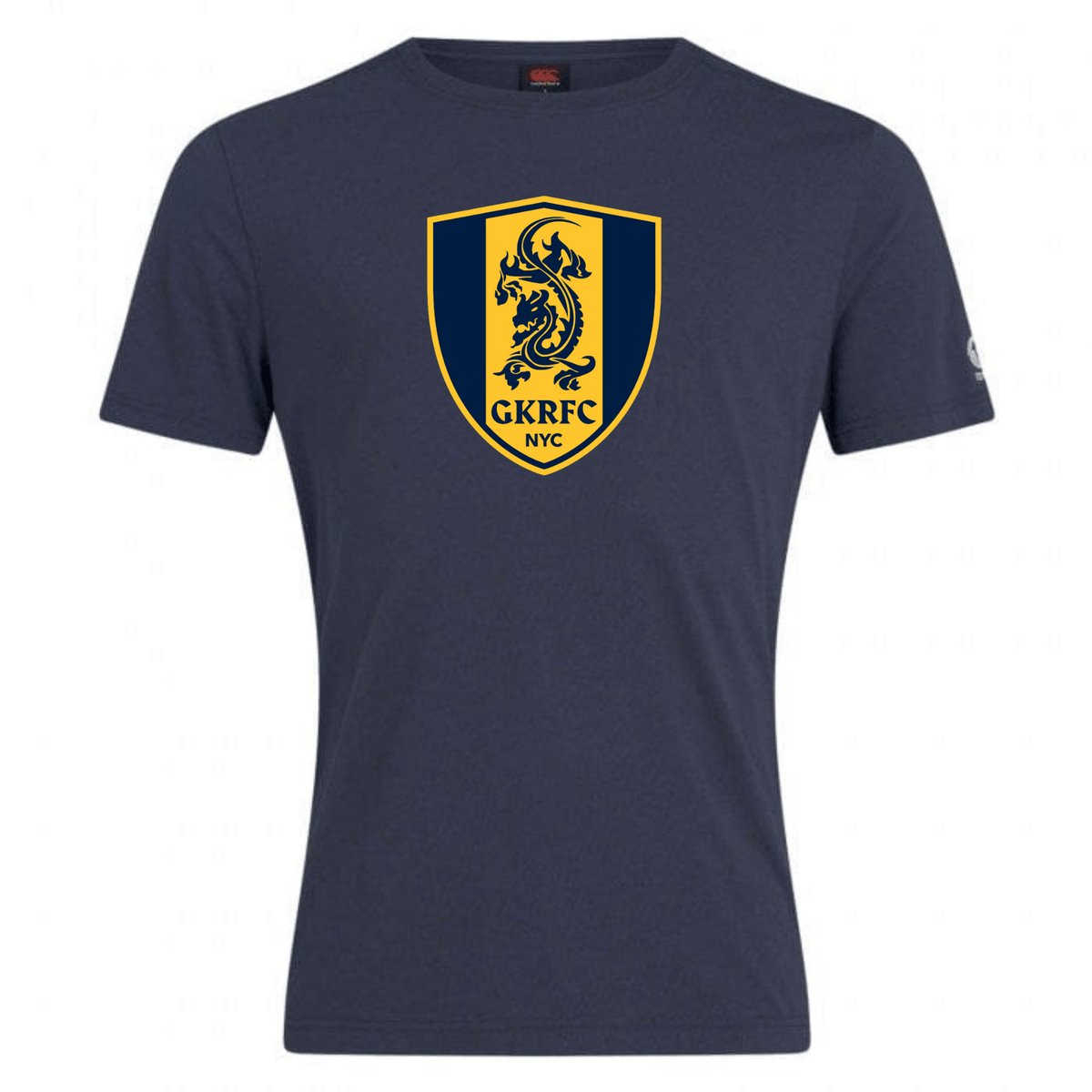 Sport the Gotham Knights Club Plain Tee by Canterbury, a stylish navy t-shirt featuring a striking yellow and blue shield logo with a dragon and the text "GKRFC NYC" on the front. Made from a premium cotton-heavy blend for ultimate comfort, this tee by WRS Canterbury lets you showcase your team spirit in style.