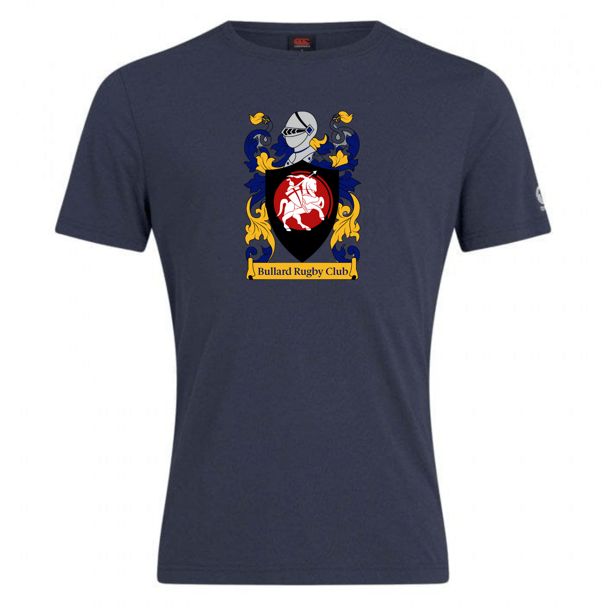 The Bullard Rugby Club Plain Tee by WRS Canterbury is a navy T-shirt made from a cotton blend, showcasing an emblem with a knight's helmet, a red lion crest, and "Bullard Rugby Club" text. Perfect for CCC Club members who want customization options to sport their team pride stylishly.