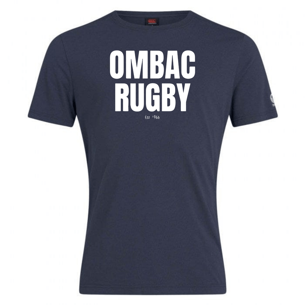 Navy blue cotton blend T-shirt, the "OMBAC Rugby Club Plain Tee by Canterbury" from WRS Canterbury, featuring "OMBAC RUGBY" printed in white with "Est 1966" in smaller font below. This tee offers customization options to make it your own.