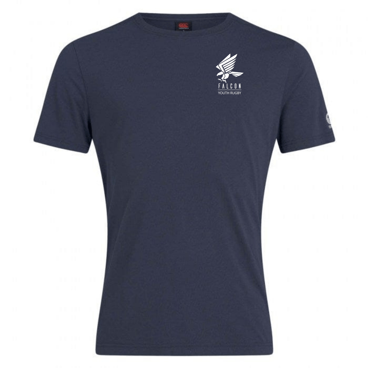 This EMB Canterbury navy blue cotton blend tee, the Falcon Youth Rugby Embroidered Club Plain Tee, features "Falcon Youth Rugby" and a stylized falcon logo on the left chest, incorporating classic Canterbury branding for a cohesive look.
