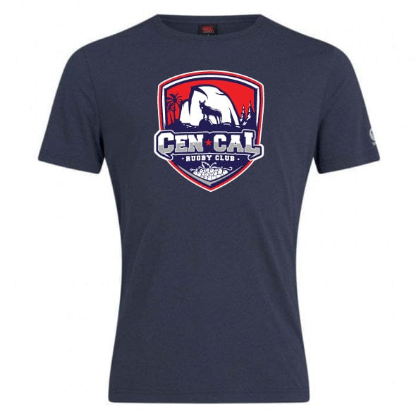 The CenCal Rugby Club Plain Tee by WRS Canterbury is a navy cotton-blend shirt with a large “Cen Cal Rugby Club” bear and trees shield logo on the chest. This customizable tee offers comfort and shows your team spirit.