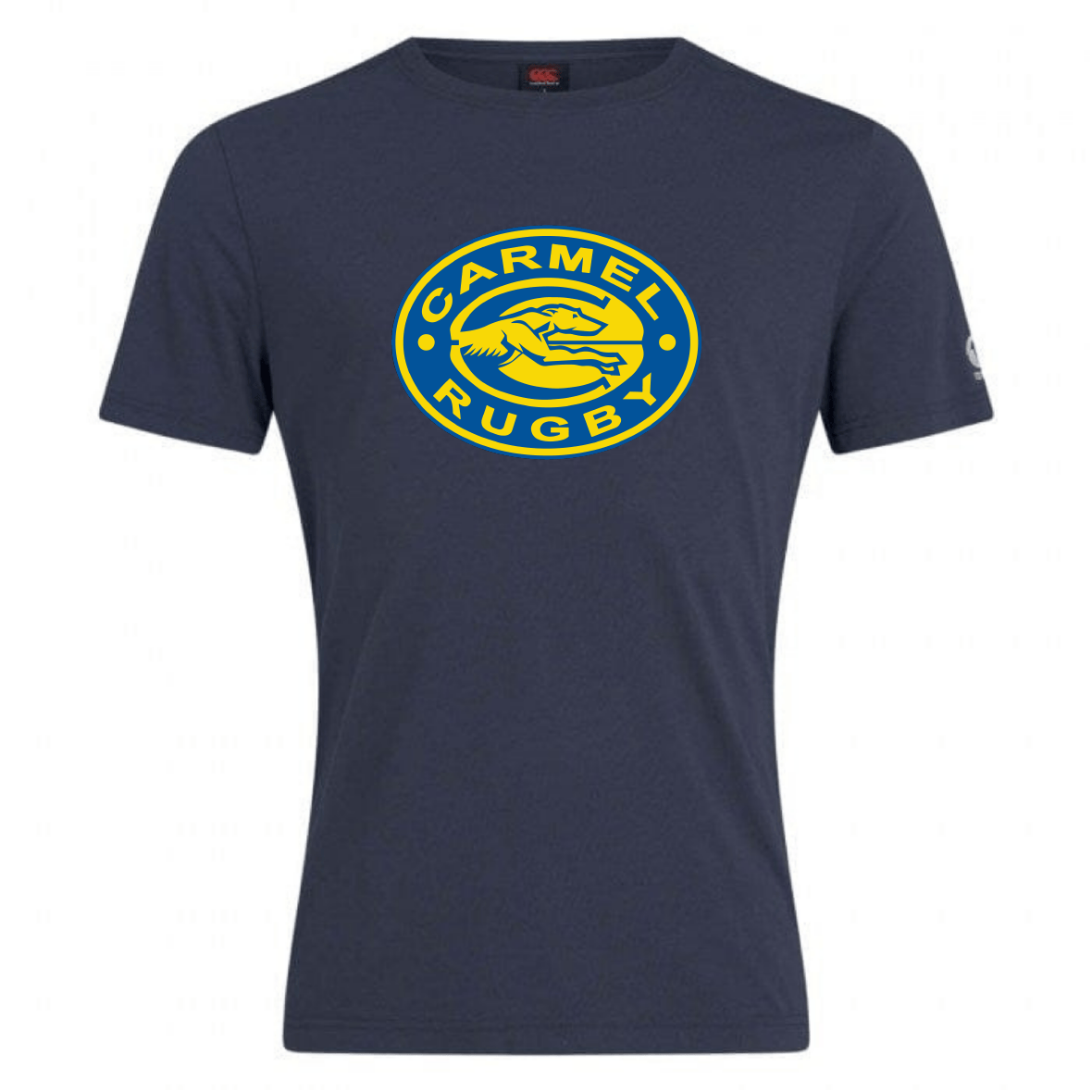 The Carmel Rugby Club Plain Tee by WRS Canterbury is a navy blue t-shirt made from a premium cotton-heavy blend, adorned with a yellow circular logo featuring "Carmel Rugby" text and a stylized fish design.