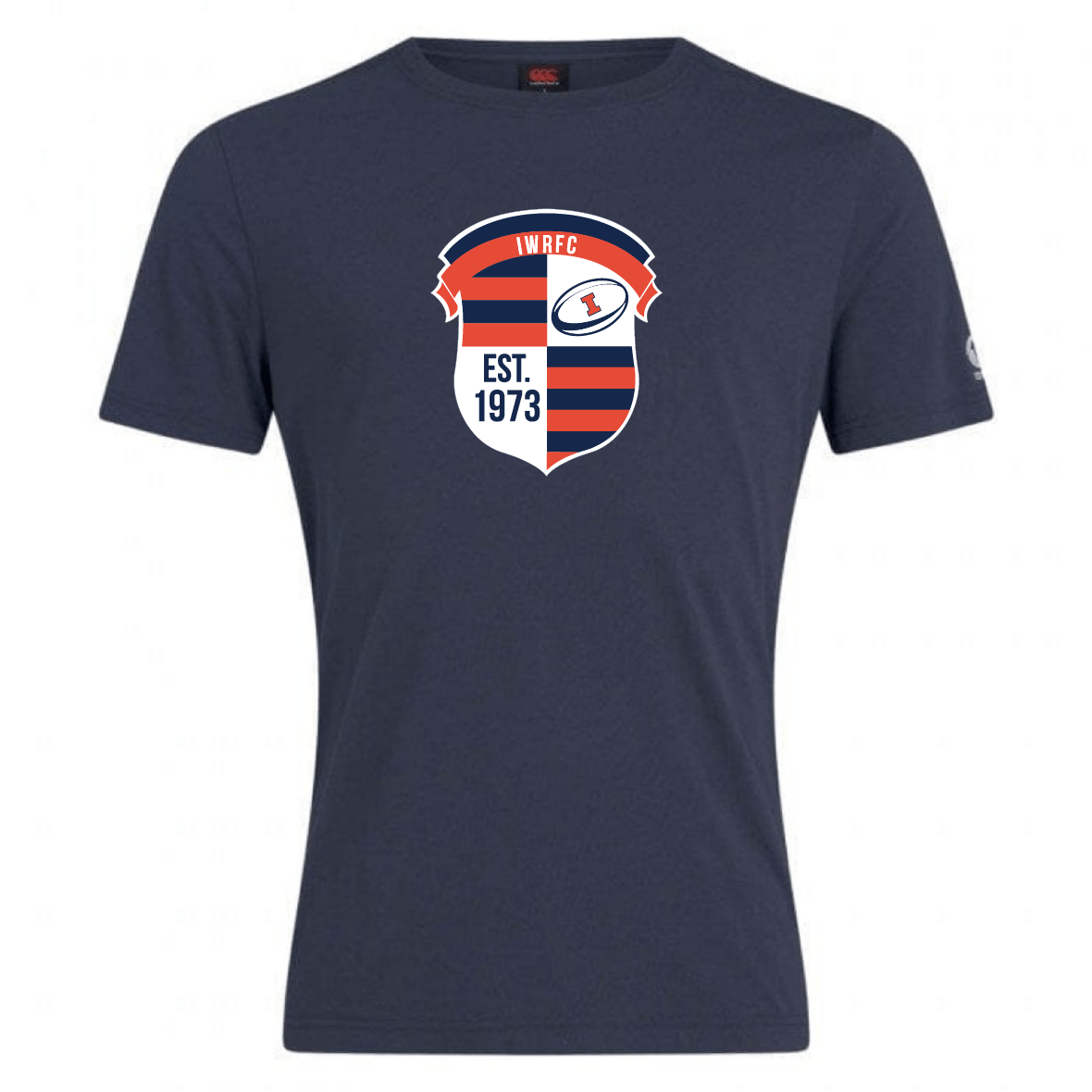 The Illinois Womens RFC Club Plain Tee by WRS Canterbury is a navy blue shirt made from a premium cotton-heavy blend, featuring a red and white "IWRFC" emblem and "EST. 1973" text, ideal for those who love timeless CCC Club Plain T-shirt style and quality.