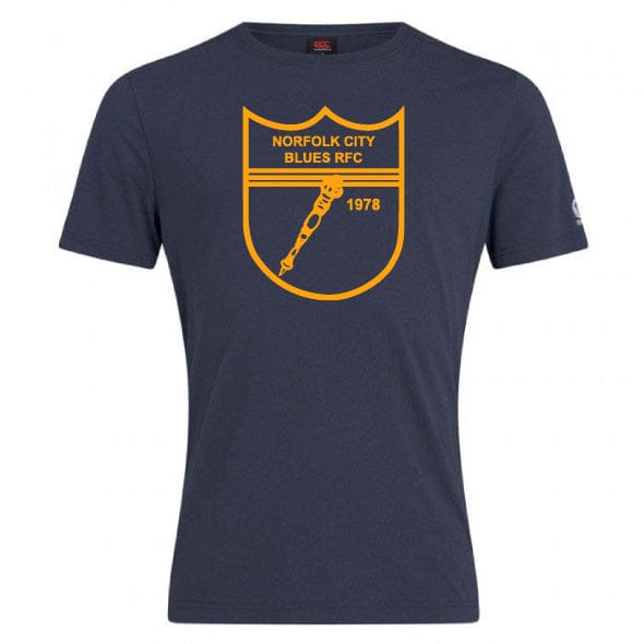 The Norfolk Blues Club Plain Tee by WRS Canterbury is a navy blue premium cotton-heavy blend T-shirt, featuring a yellow Norfolk City Blues RFC logo with a 1978 insignia and rugby ball detail. Customize it to make it uniquely yours.