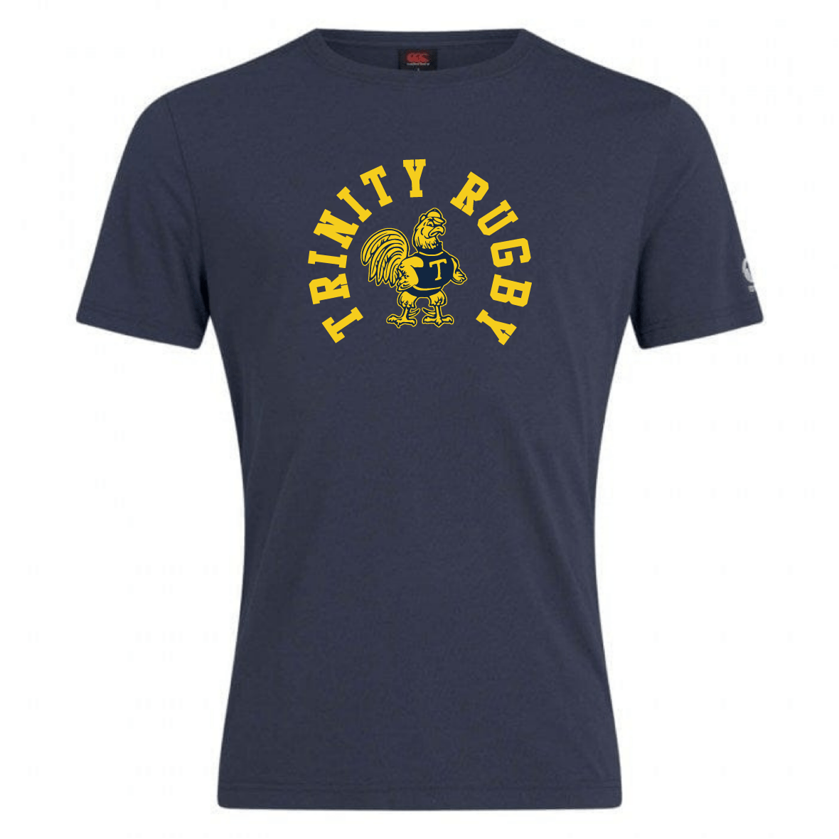 The Trinity College Club Plain Tee by WRS Canterbury is a navy blue cotton blend t-shirt featuring "Trinity Rugby" in yellow and a central yellow rooster logo. This customizable tee offers both comfort and style for rugby enthusiasts.