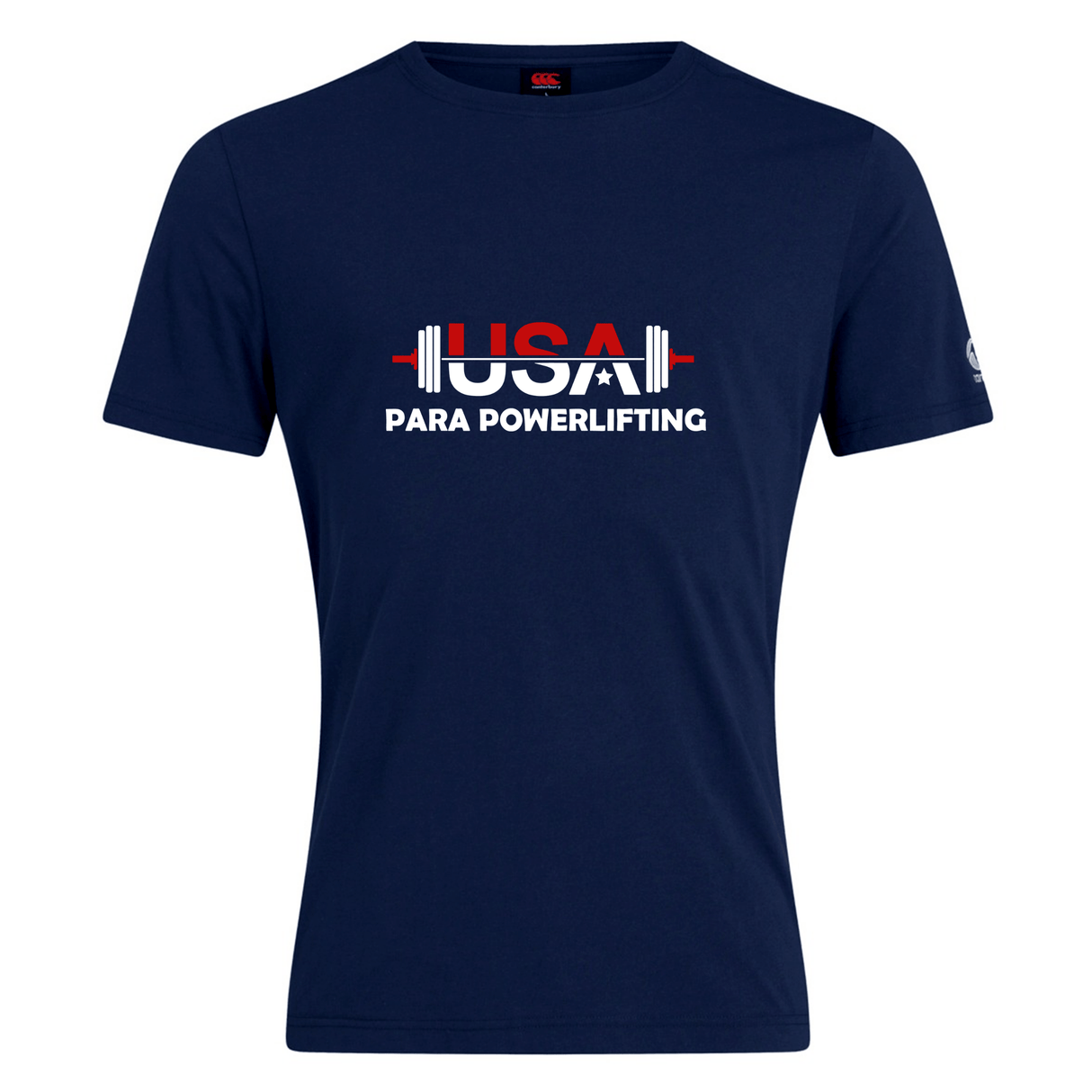 The USA Para Powerlifting Club Plain Tee by Canterbury from WRS Canterbury is a navy blue cotton blend shirt with "USA Para Powerlifting" and a red, white, and blue barbell graphic—great as a customizable or classic tee.