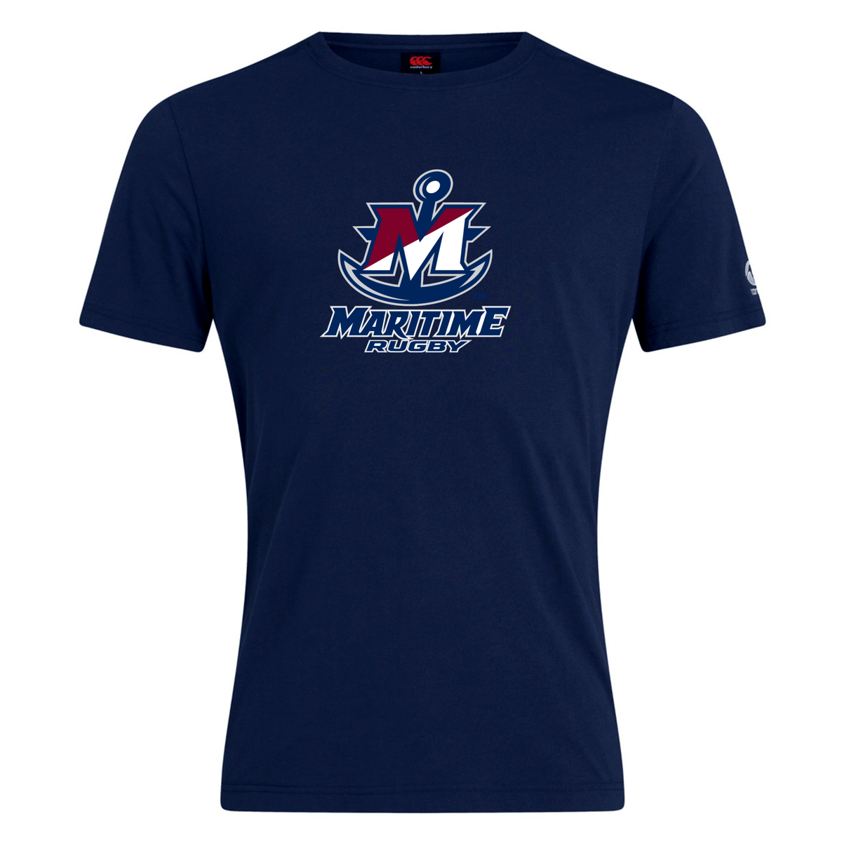 Navy blue SUNY Maritime Men’s Rugby Club Plain Tee by Canterbury featuring a “Maritime Rugby” logo with a large “M” and an anchor graphic on the chest.
