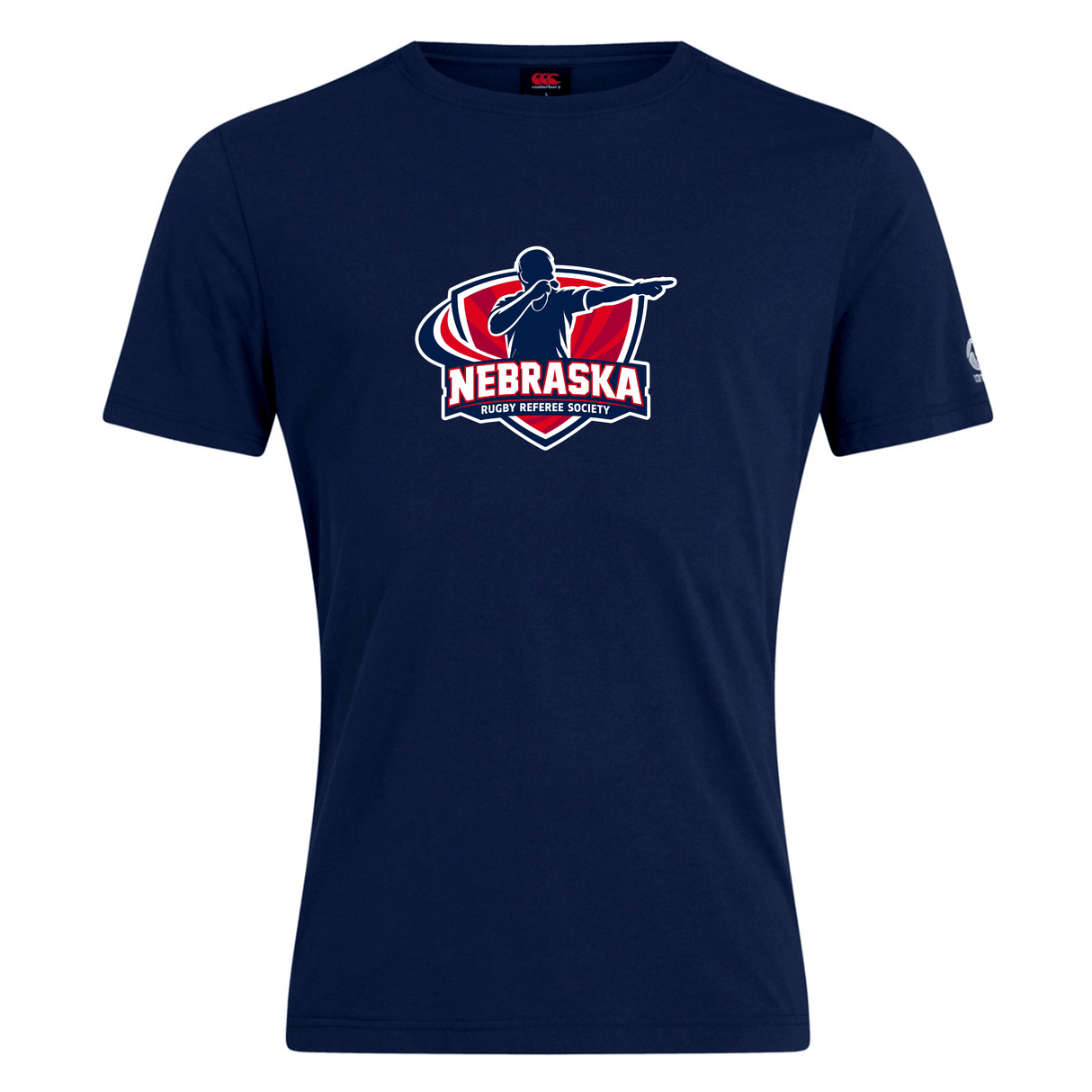 The Nebraska Rugby Referee Society Club Plain Tee by WRS Canterbury is a navy blue cotton blend shirt featuring the society logo with a referee silhouette and bold text on the front.