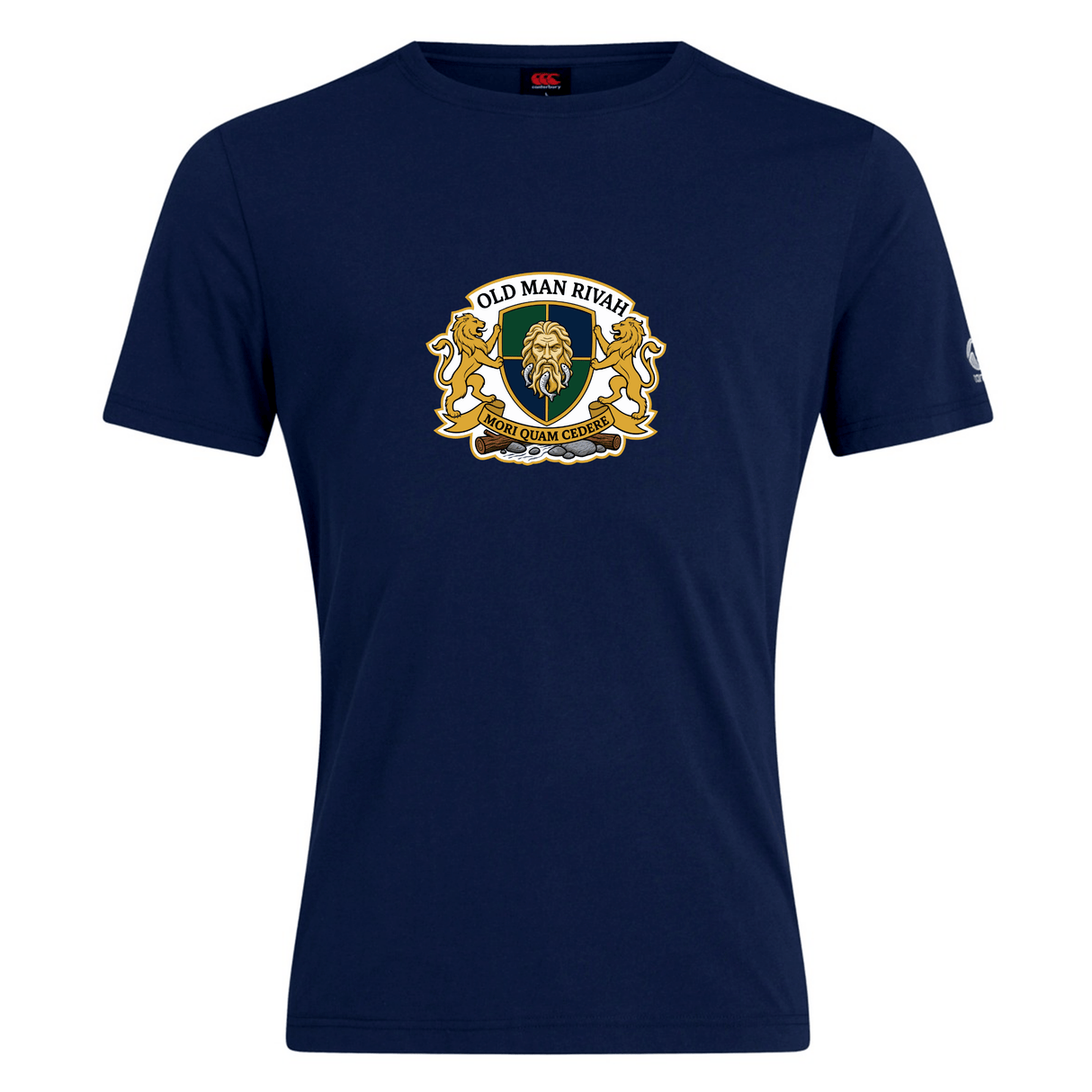 The Old Man Rivah Rugby Club Plain Tee by WRS Canterbury is a navy blue cotton blend shirt featuring a gold and white crest with two lions and custom text on the front, adding timeless style to any wardrobe.