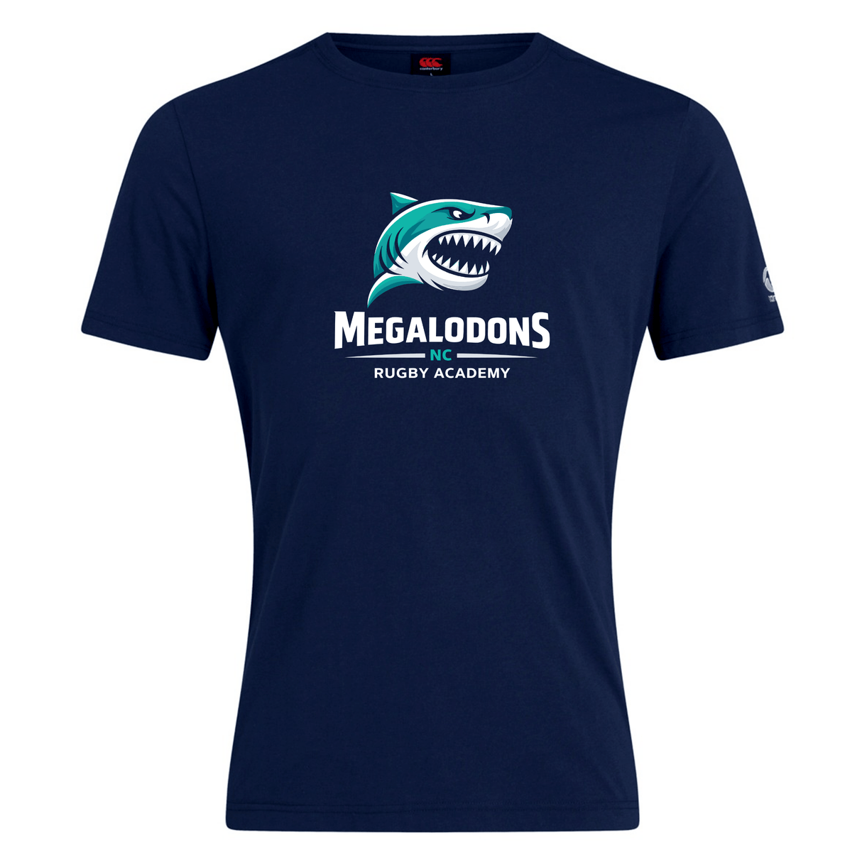 The NC Rugby Academy - Megalodons Club Plain Tee by WRS Canterbury is a navy cotton blend t-shirt with a stylized shark head above "Megalodons NC Rugby Academy" in bold white letters.