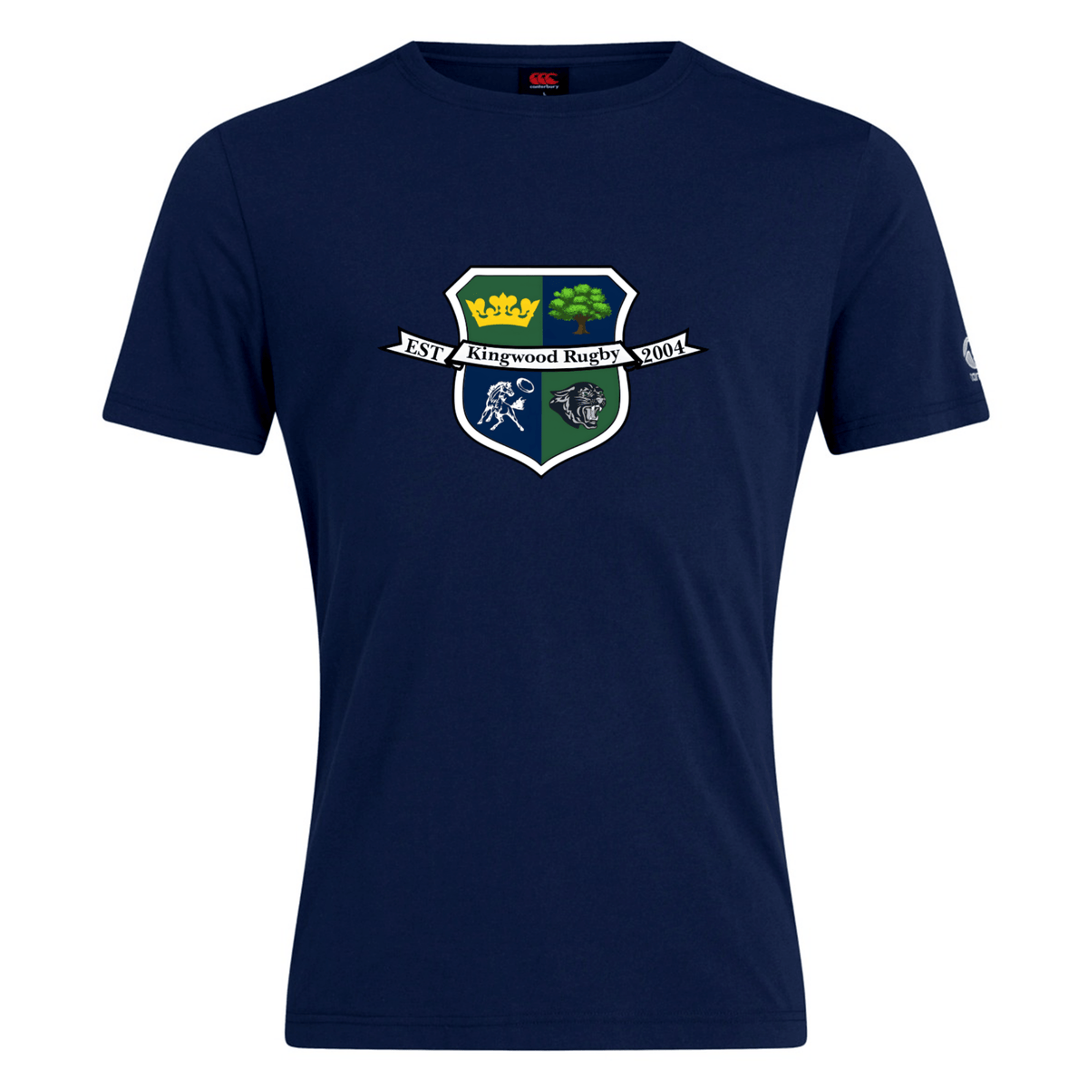 The Kingwood Rugby Club Plain Tee by WRS Canterbury is a navy blue customizable cotton blend featuring a crest with a crown, tree, rugby player, lion, and "Est 1904 Kingwood Rugby" for stylish comfort.