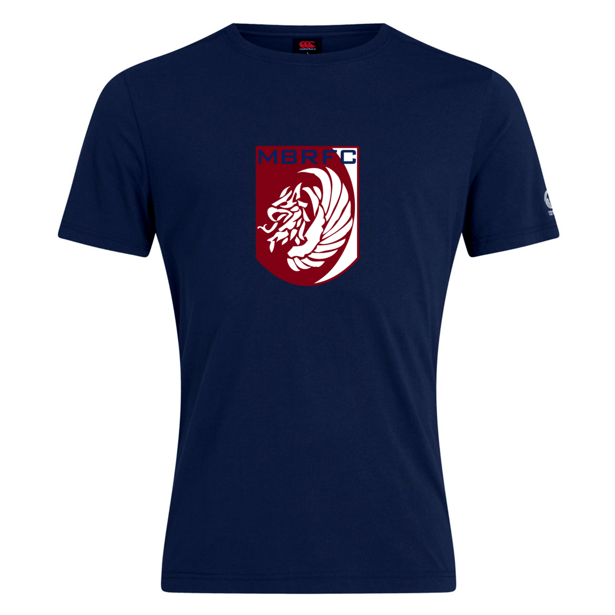 The Montgomery Bucks Griffins Club Plain Tee by WRS Canterbury is a navy cotton blend t-shirt with a maroon and white lion crest and "MBRFC" text on the chest, offering customizable classic style.