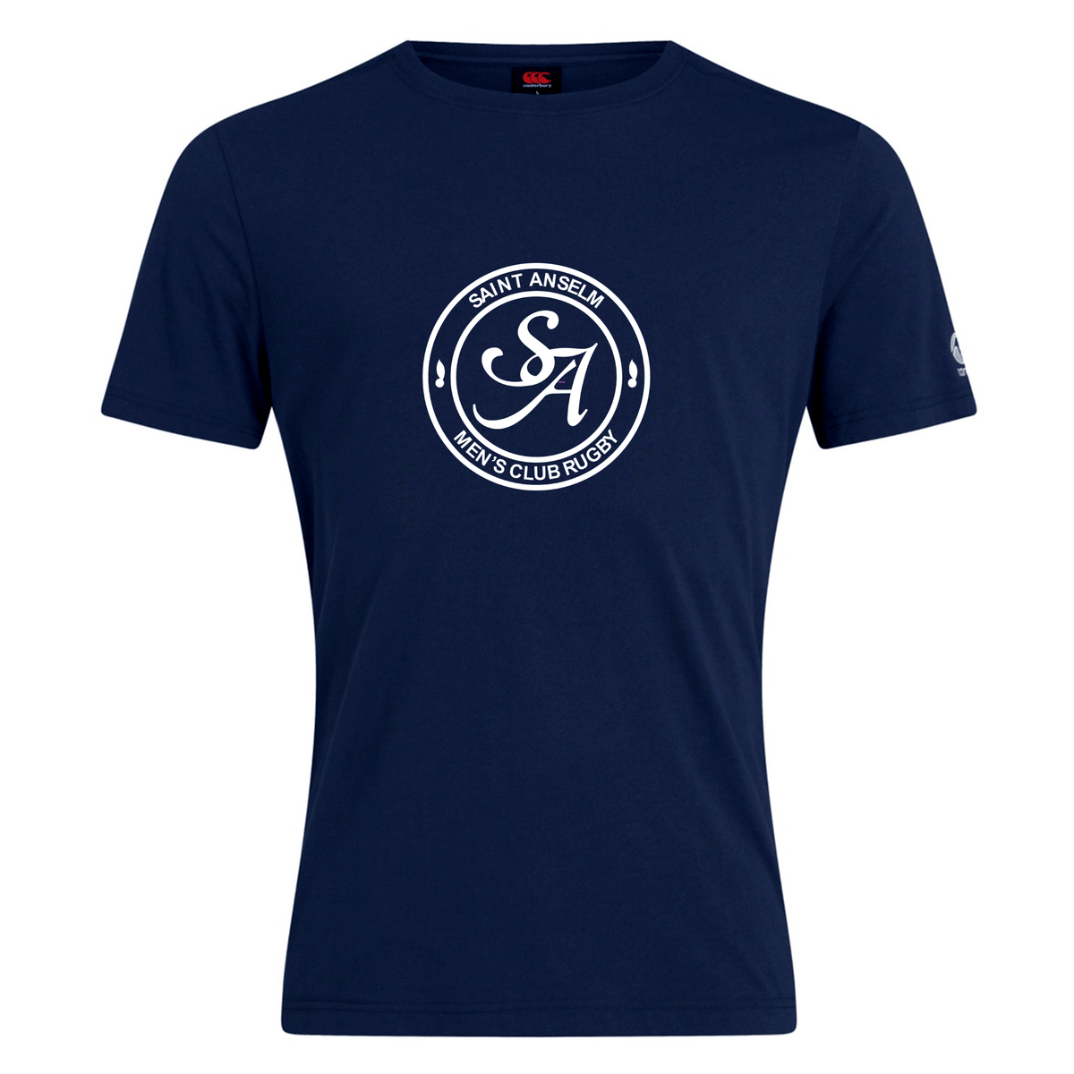 Show your team spirit with the Saint Anselm College Club Rugby Plain Tee by WRS Canterbury—a navy cotton blend shirt featuring a white "SA" logo and "SAINT AN SEUM MEN'S CLUB RUGBY" in a front circle print. Customizable and comfortable!.