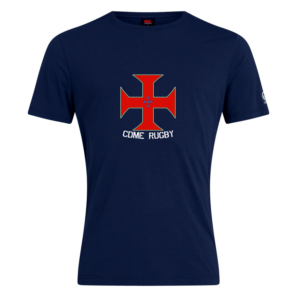 The SF CDME Rugby Club Plain Tee by WRS Canterbury is a navy blue custom t-shirt made from a comfortable cotton blend, featuring a large red cross design in the center with "CDME RUGBY" printed below.