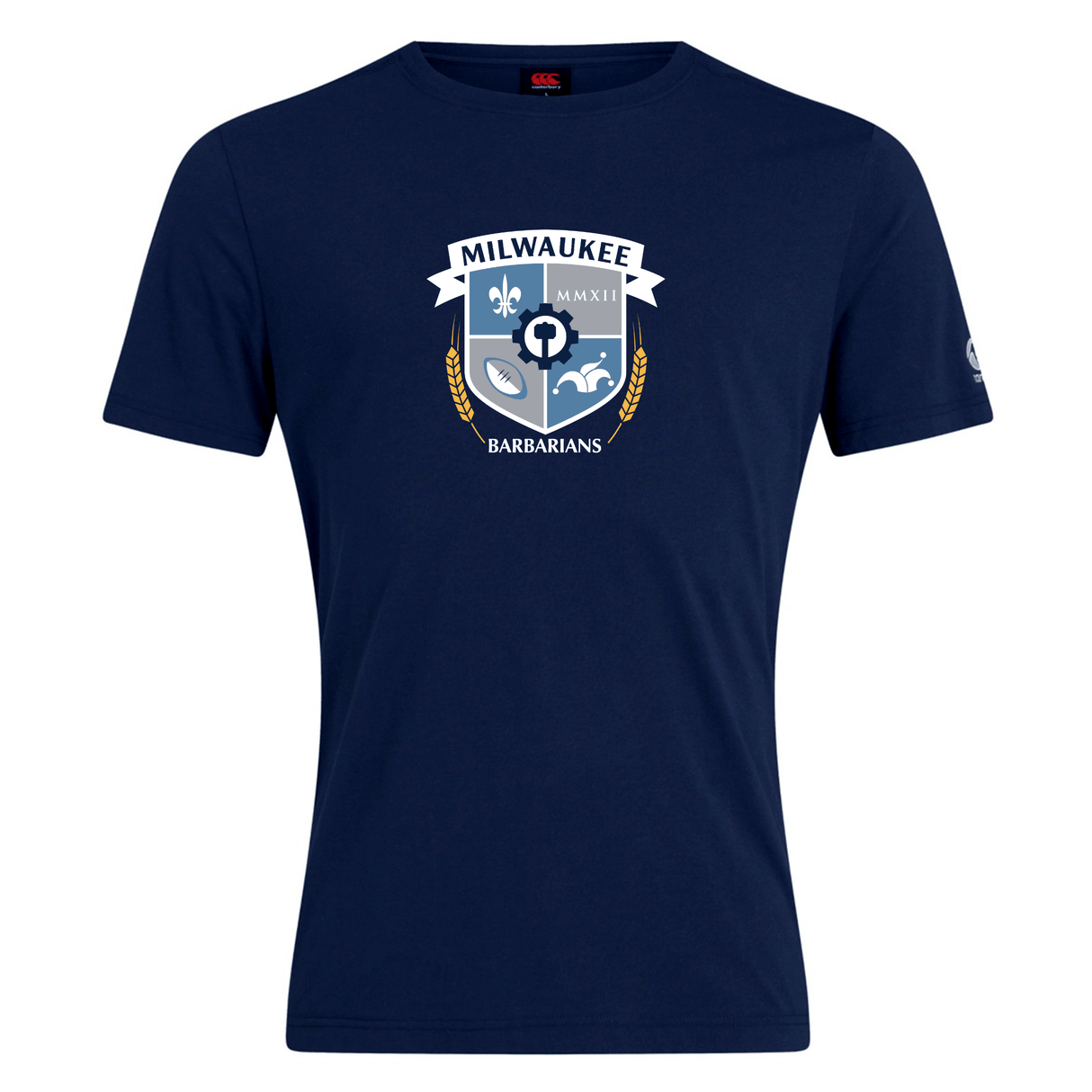 The Milwaukee Barbarians Rugby Club Plain Tee by WRS Canterbury is a navy blue cotton blend shirt with a front crest featuring a shield, banner, and wheat graphic.