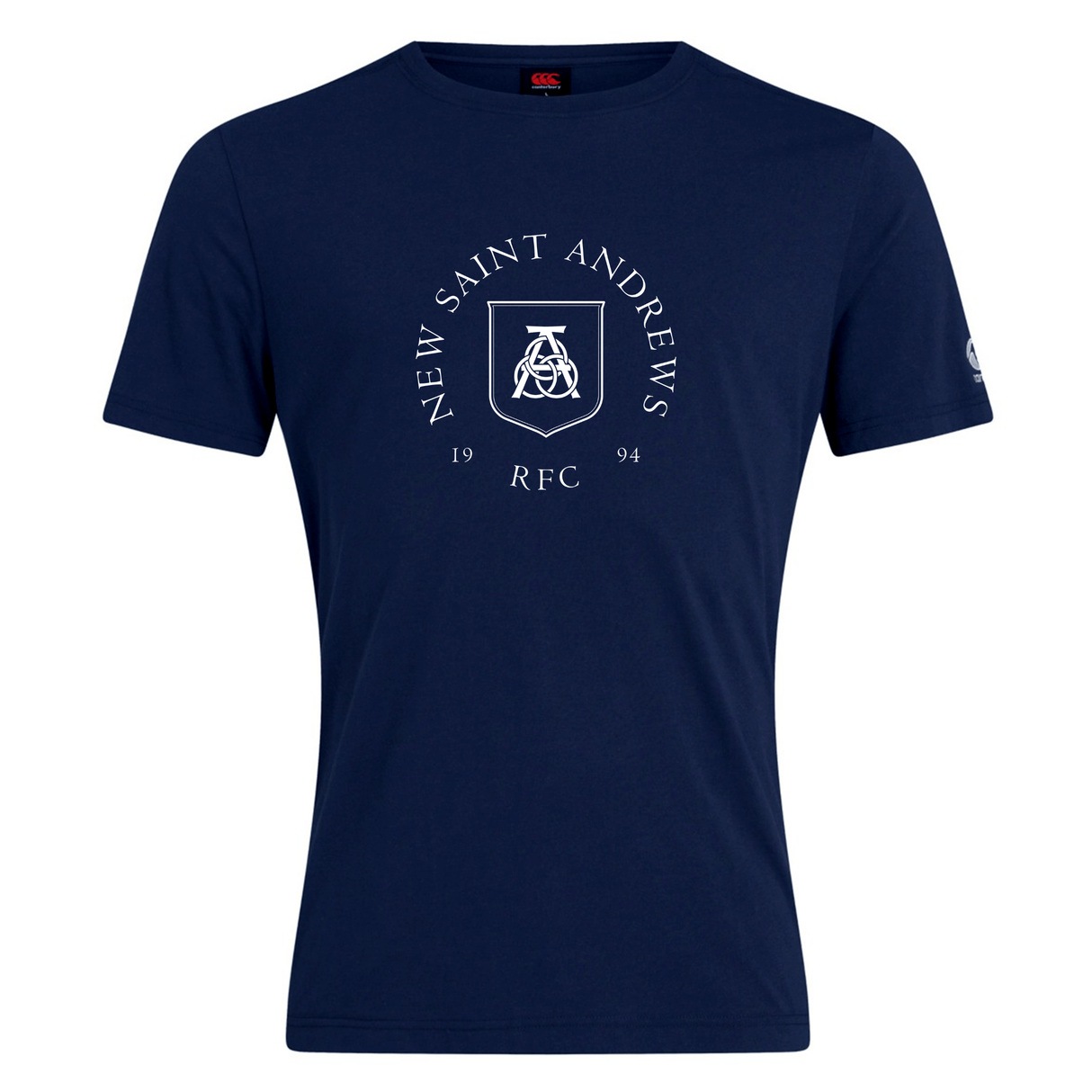 The New Saint Andrews College Club Plain Tee by WRS Canterbury is a navy blue cotton blend t-shirt featuring “New Saint Andrews RFC 1994” and a white crest printed on the chest—a custom tee perfect for everyday wear.