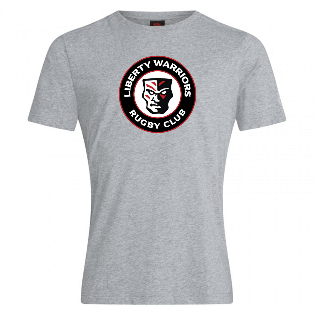 This gray t-shirt, predominantly made of cotton, features the "Liberty Lake Warriors Club" logo with an illustrated face inside a circular emblem. It is enhanced by subtle branding from WRS Canterbury for added authenticity.