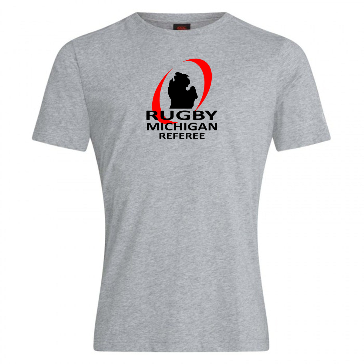 This Rugby Michigan Referee Society Club Plain Tee by WRS Canterbury offers ultimate comfort with its premium cotton-heavy blend. It features a striking red and black rugby logo with a silhouette of Michigan and the text "Rugby Michigan Referee." Ideal for enthusiasts who appreciate style in a CCC Club Plain Tee design.
