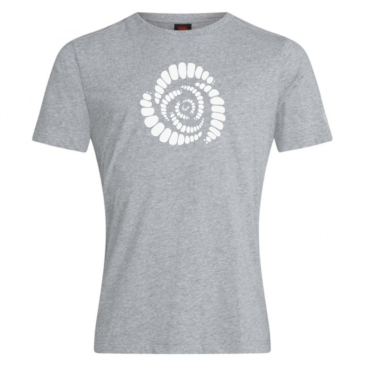 Missoula All-Maggots Club Plain Tee by WRS Canterbury—a gray short-sleeve cotton blend T-shirt featuring a white oval spiral design printed at the front and center.