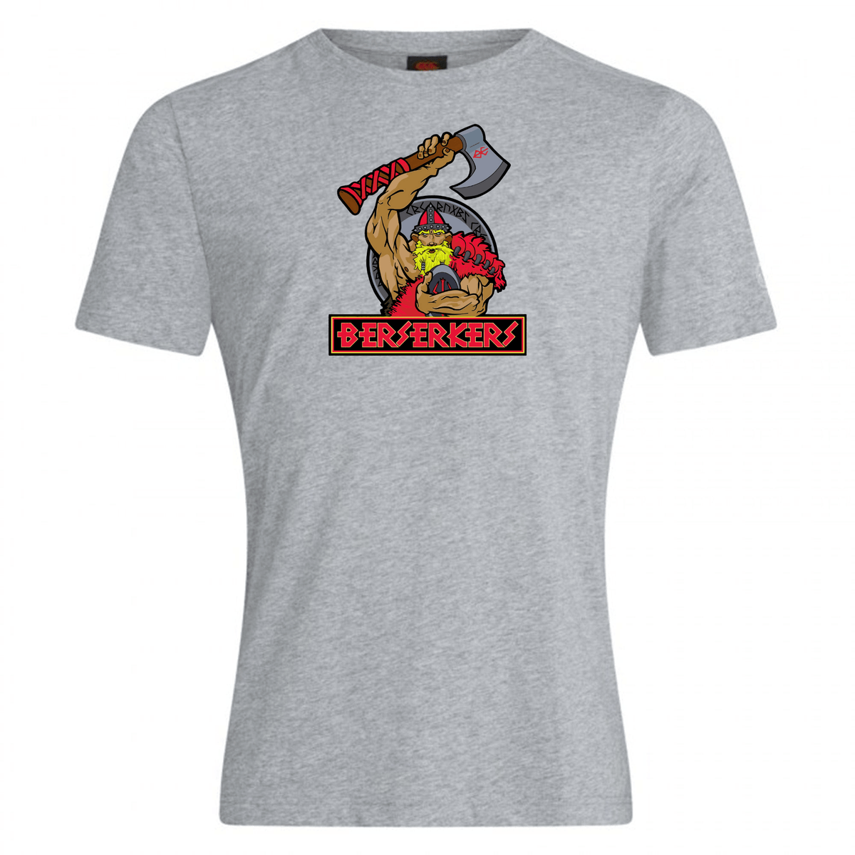 A gray cotton-blend T-shirt featuring an illustration of a fierce character with a red headband holding a large axe above its head. The word "Berserkers" is printed below the illustration in bold red letters, making this Berserkers Club Plain Tee by Canterbury customizable to your unique style.
