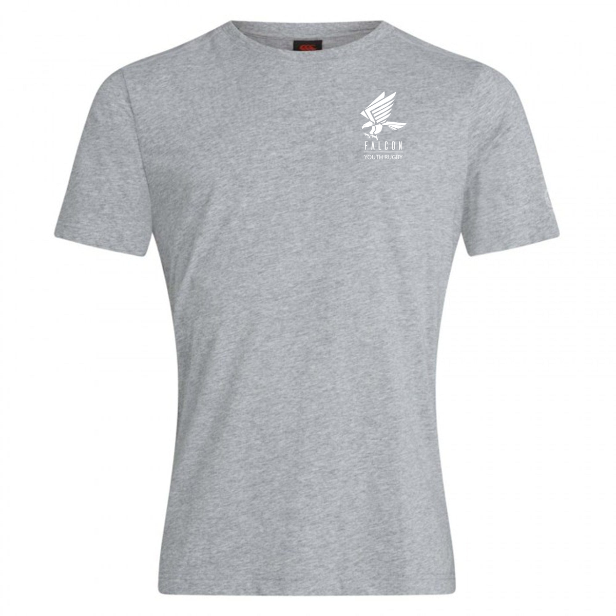 The Falcon Youth Rugby Embroidered Club Plain Tee by Canterbury features a small white falcon logo and "FALCON SOUTHERN" text on the upper left. Made from a soft cotton blend, it offers comfort and style, with EMB Canterbury branding adding to its distinctive appeal.