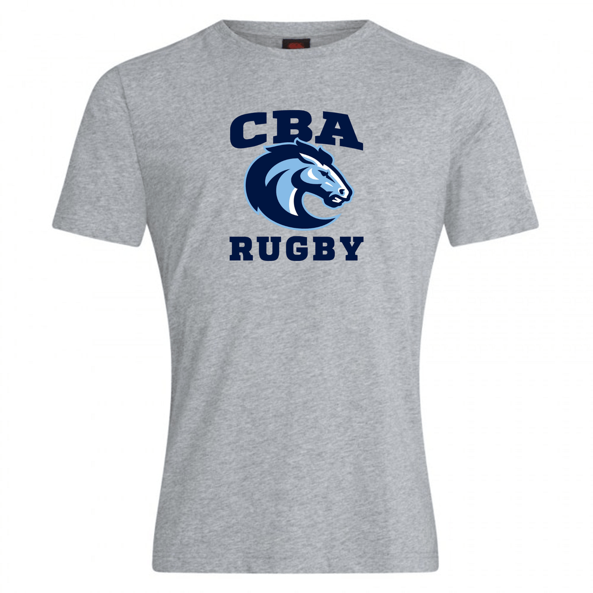 The Christian Brothers Academy Rugby Club Plain Tee by WRS Canterbury is a gray T-shirt made from a soft cotton blend, featuring a blue horse logo and "CBA Rugby" text on the front, perfect for rugby enthusiasts.