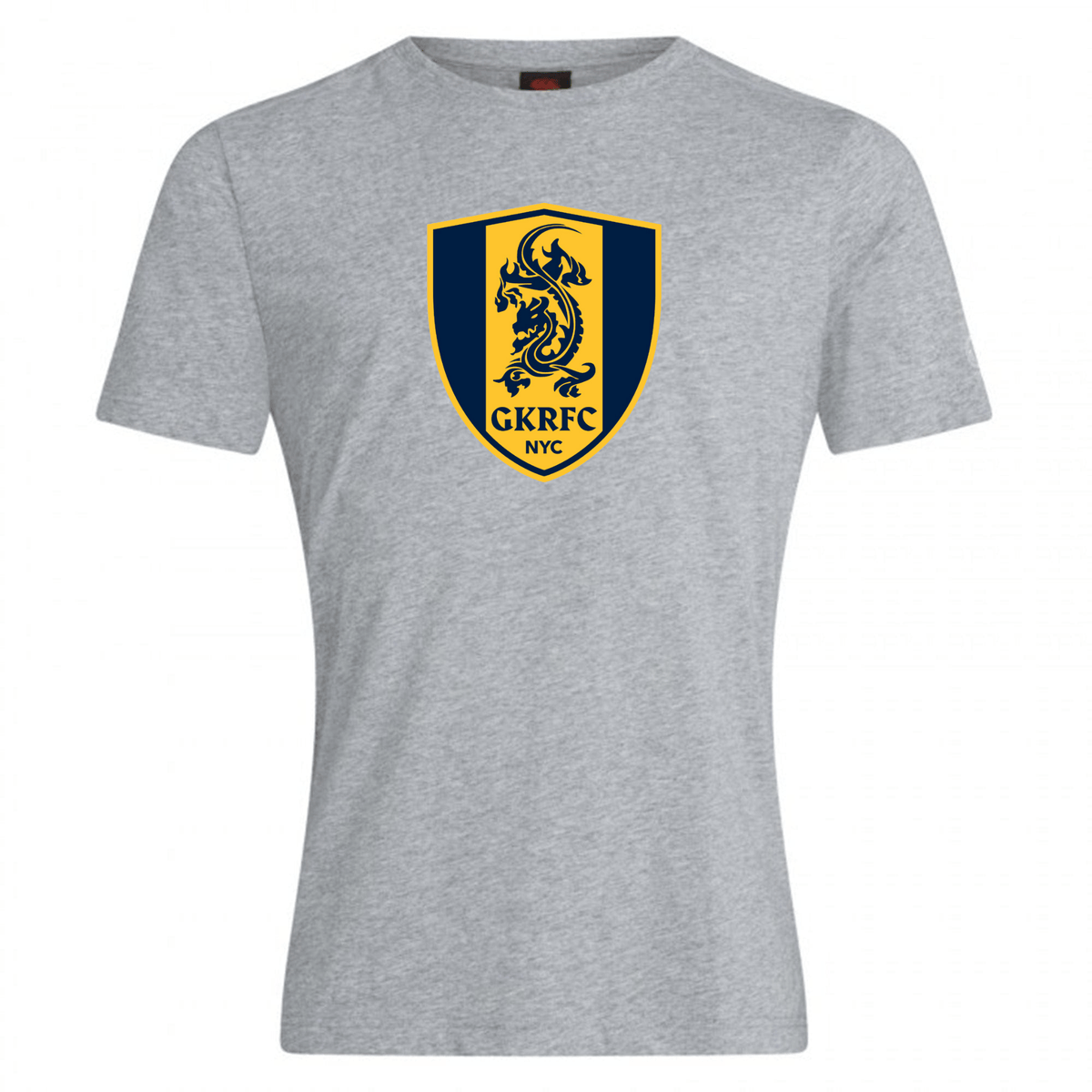 The Gotham Knights Club Plain Tee by Canterbury from WRS Canterbury showcases a navy and yellow shield logo with a dragon, along with the "GKRFC NYC" text on the chest, all set against a light gray background. This tee is crafted from a premium cotton-heavy blend.