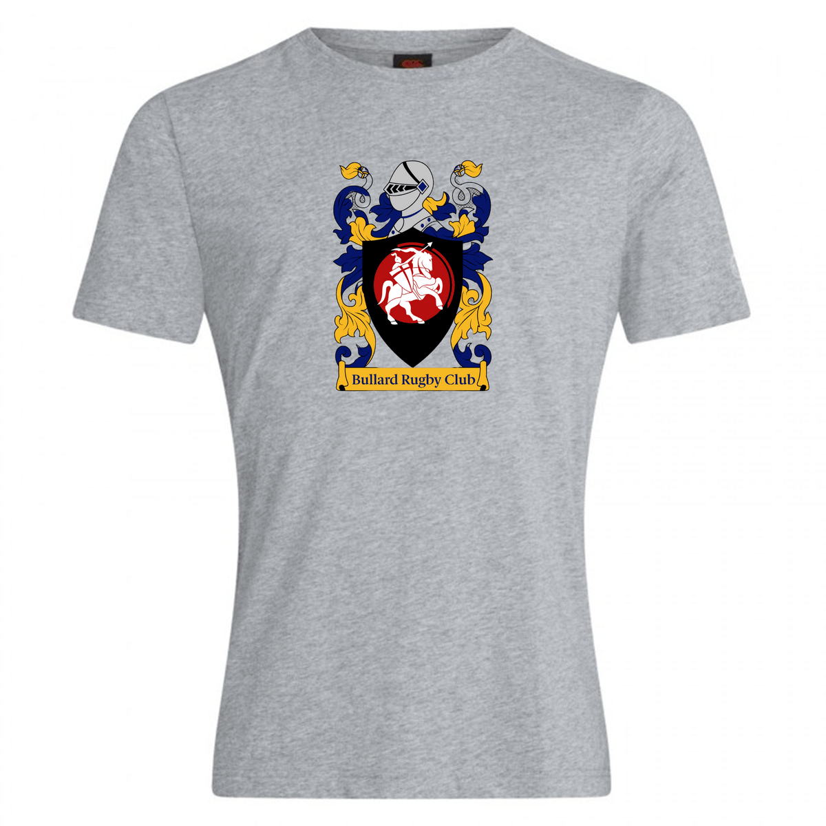 The Bullard Rugby Club Plain Tee by Canterbury, designed by WRS Canterbury, is a gray cotton blend T-shirt adorned with a vibrant crest design. The graphic features a helmet and red shield with a white figure, labeled "Bullard Rugby Club." Customize your look with various options to make this the ideal plain T-shirt for rugby fans.