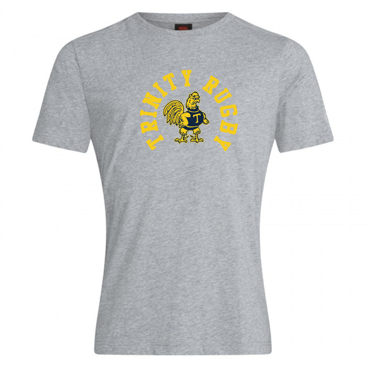 Gray T-shirt from the WRS Canterbury collection, part of the Trinity College Club Plain Tee line, made with a premium cotton-heavy blend. It features the yellow "TRINITY RUGBY" text and a yellow rooster inside a blue "T" at the center.