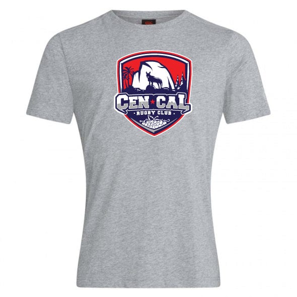 The CenCal Rugby Club Plain Tee by Canterbury from WRS Canterbury is a gray cotton blend shirt featuring a red, white, and blue shield logo with "Cen Cal Rugby Club," bear, trees, and bridge—perfect for fans or team members.
