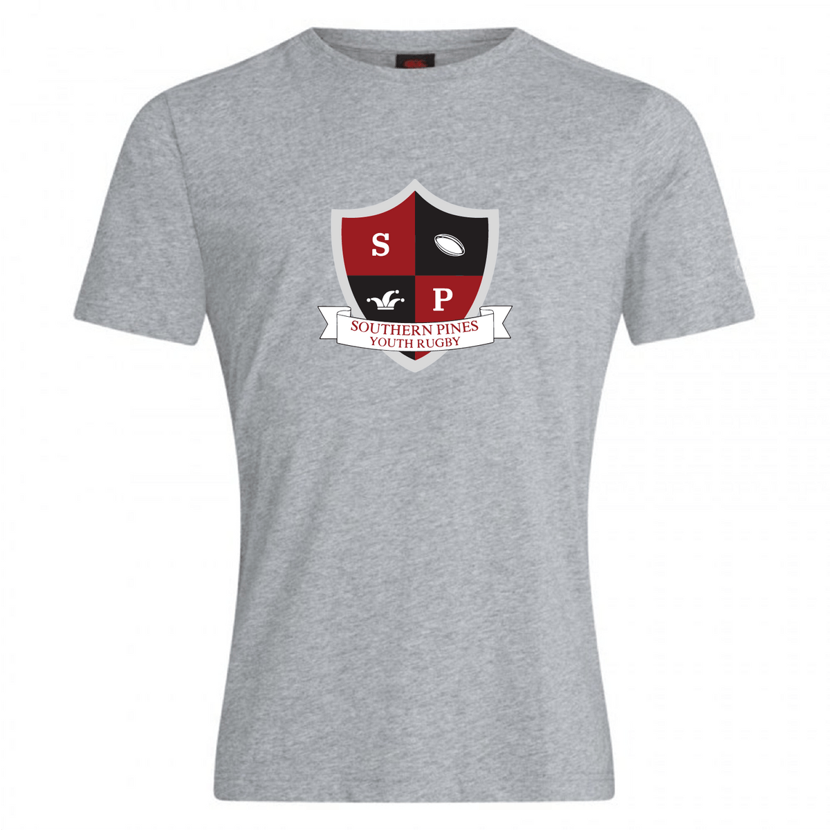 The Southern Pines Youth Rugby Club Plain Tee by WRS Canterbury is a gray cotton blend T-shirt featuring a red and black shield logo with "S" and "P," a rugby ball, and a "Southern Pines Youth Rugby" banner. Ideal for customization, it resembles the CCC Club Plain T-shirt style.