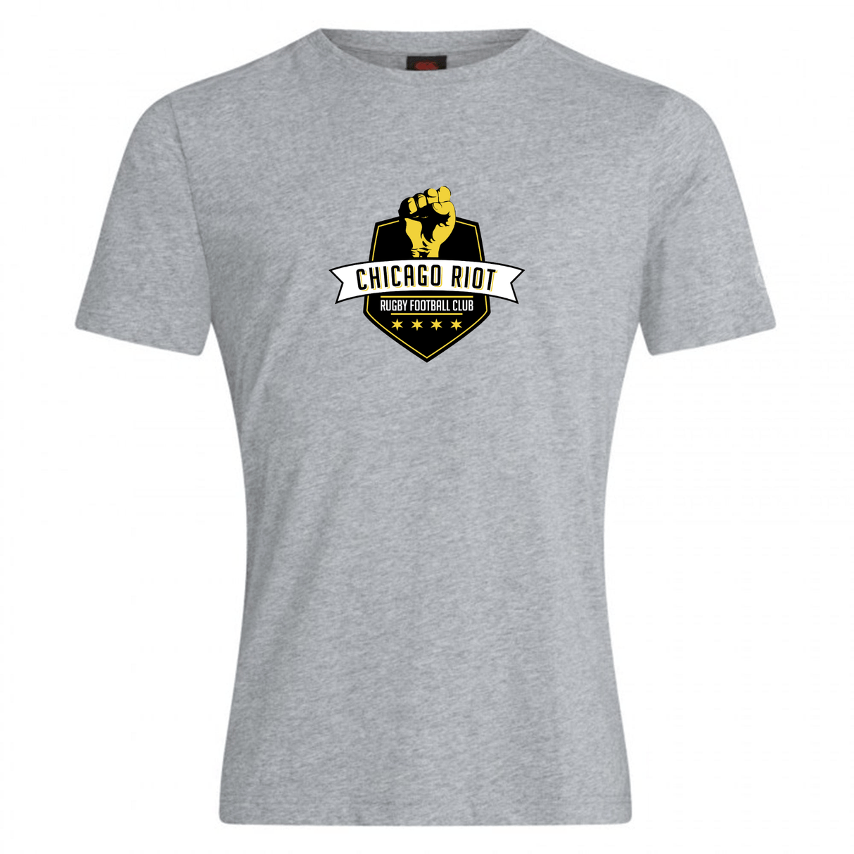 The Chicago Riot Club Plain Tee by WRS Canterbury is a gray cotton-blend shirt with a bold black and yellow "Chicago Riot Rugby Football Club" fist and five-star logo on the chest.