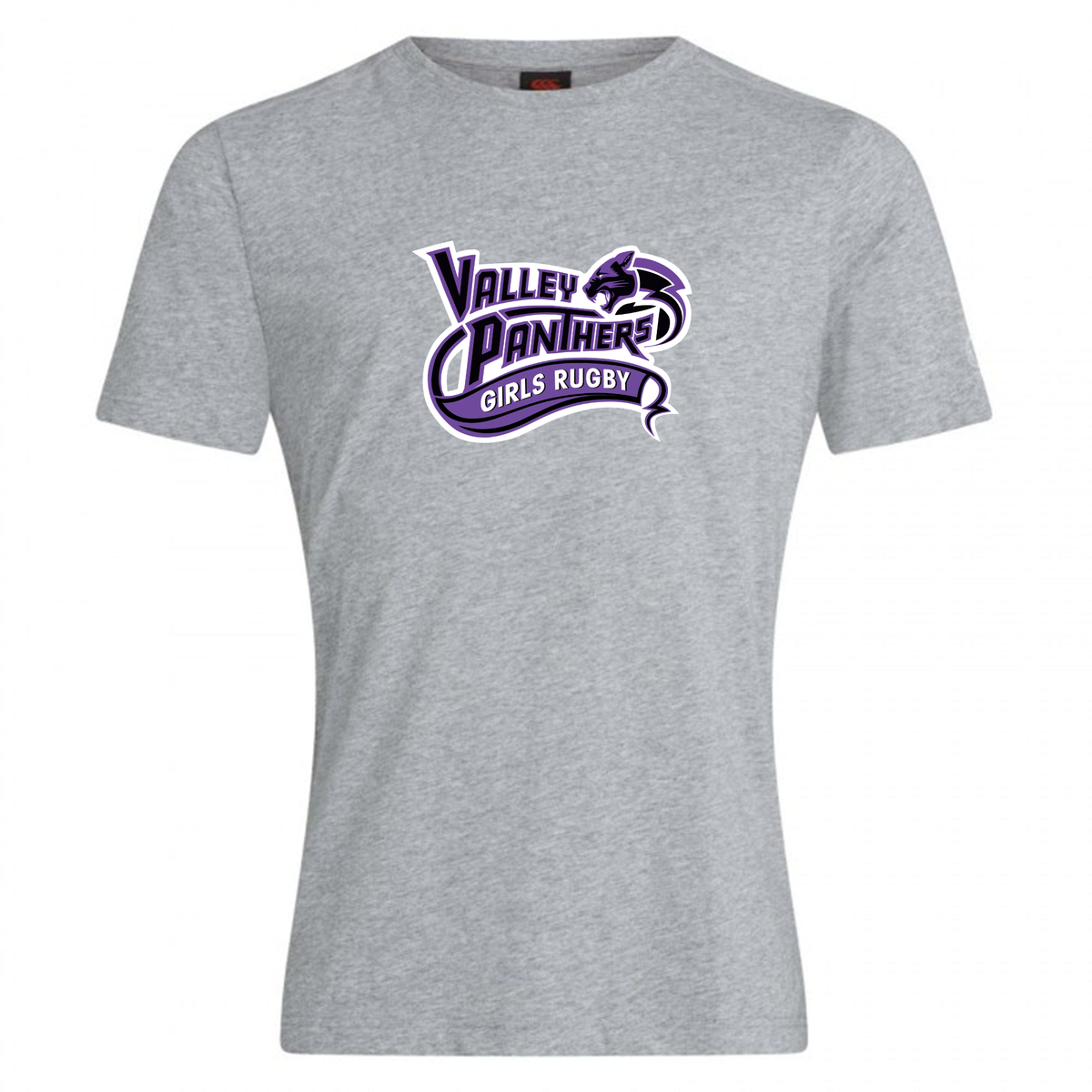 The Valley Panthers Girls Rugby Club Plain Tee by WRS Canterbury is a gray cotton blend t-shirt with a purple and white “Valley Panthers Girls Rugby” logo and a panther graphic on the chest.