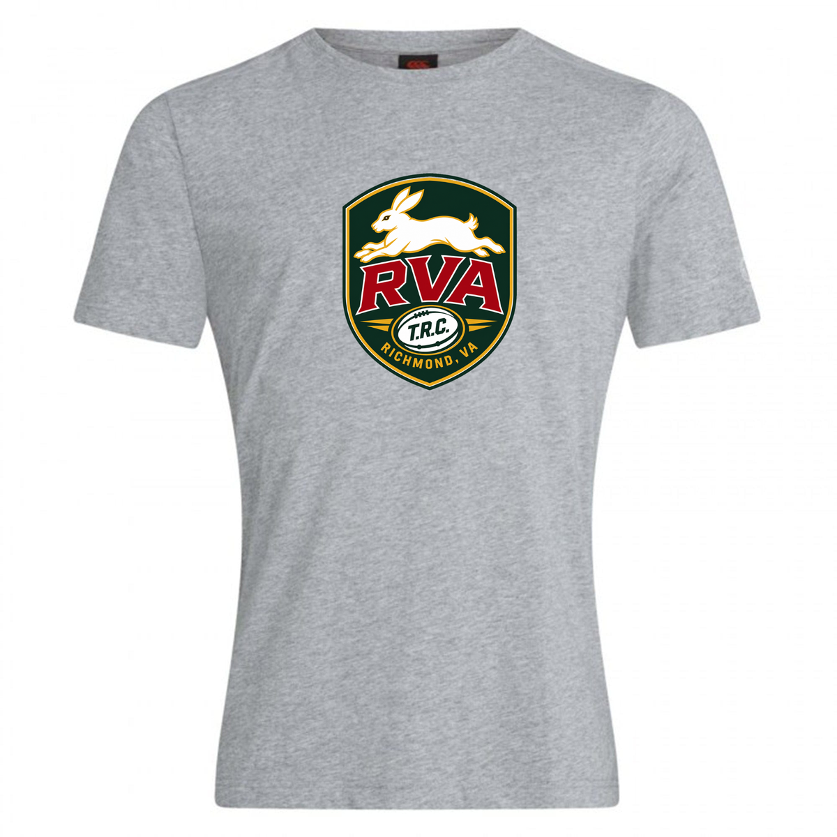 Show your RVA pride in the RVA T.R.C. Club Plain Tee by Canterbury from WRS Canterbury—a gray short-sleeve cotton blend t-shirt featuring a bold shield-shaped RVA logo with a white rabbit and “T.R.C. Richmond, VA” text on the chest. An ideal choice for fans of unique, customizable t-shirt styles.