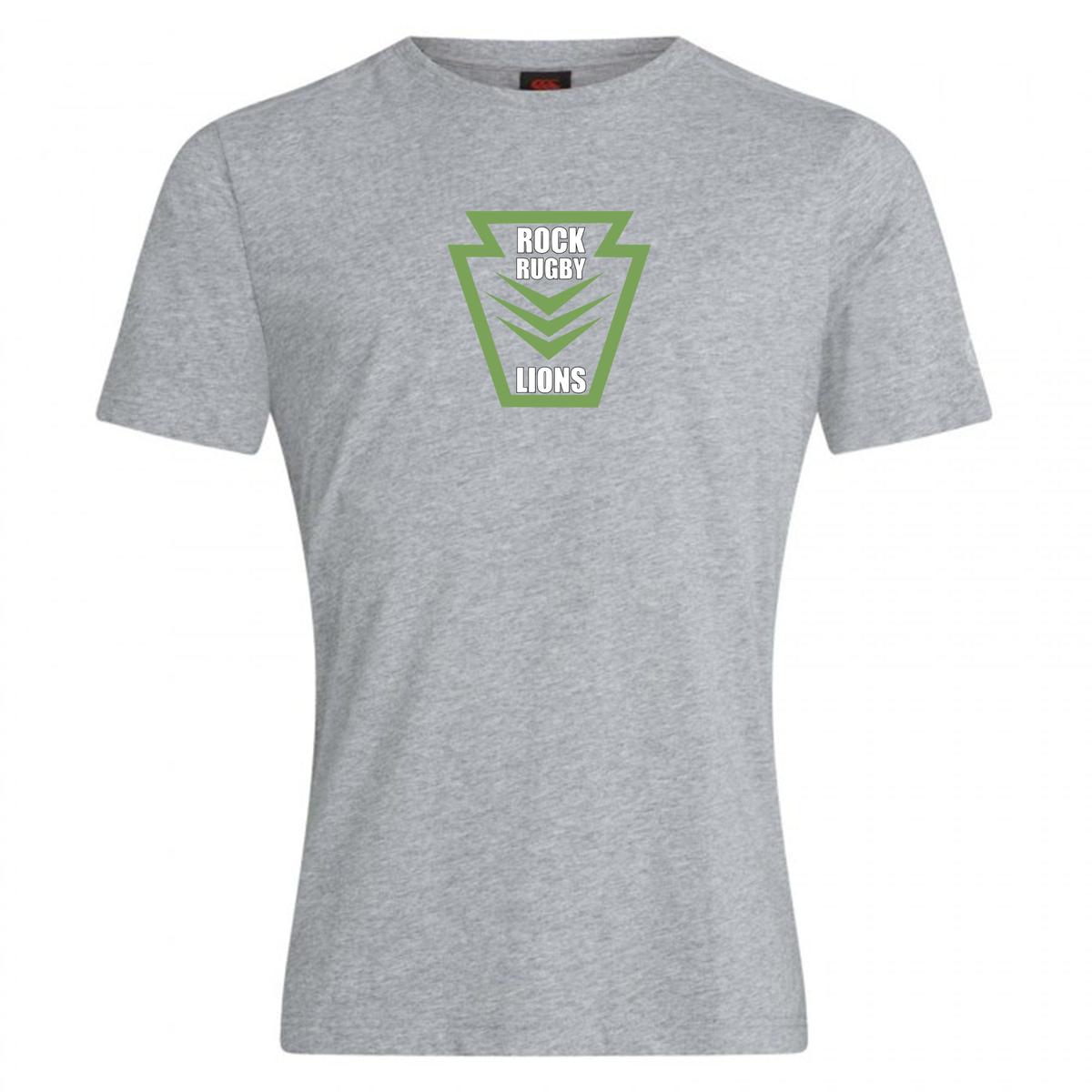 Grey cotton blend Rock Rugby Club Plain Tee by Canterbury featuring a green shield-shaped chest graphic that reads “ROCK RUGBY LIONS”.