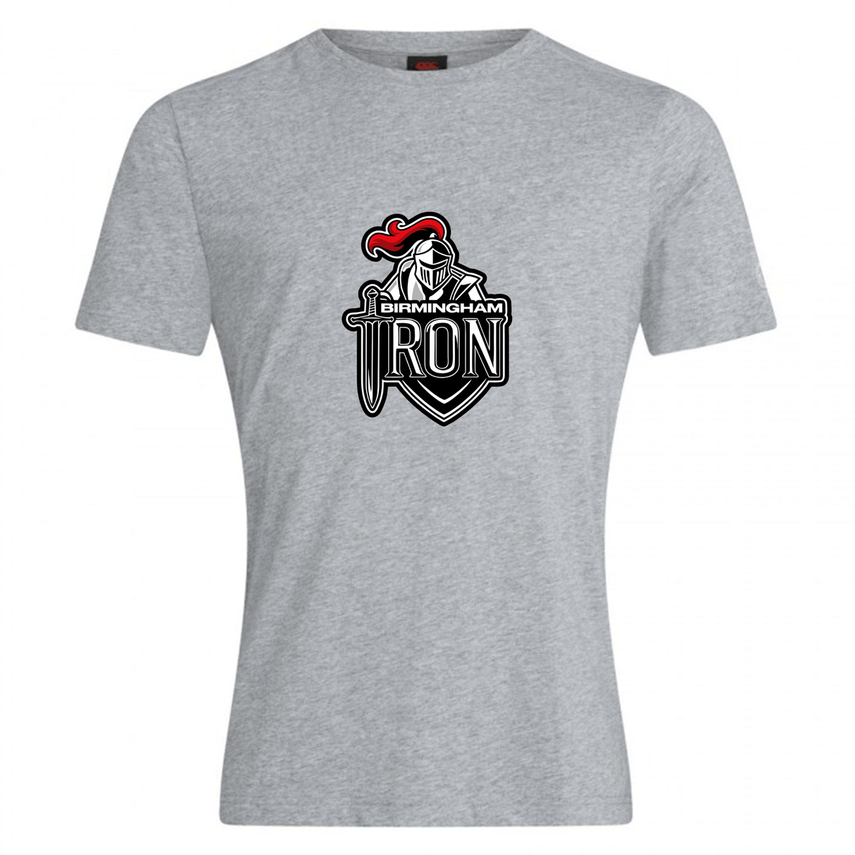 The Birmingham Iron Women's Football Club Plain Tee by WRS Canterbury is a heather gray cotton blend shirt featuring a knight's helmet, red plume, and sword logo on the chest.