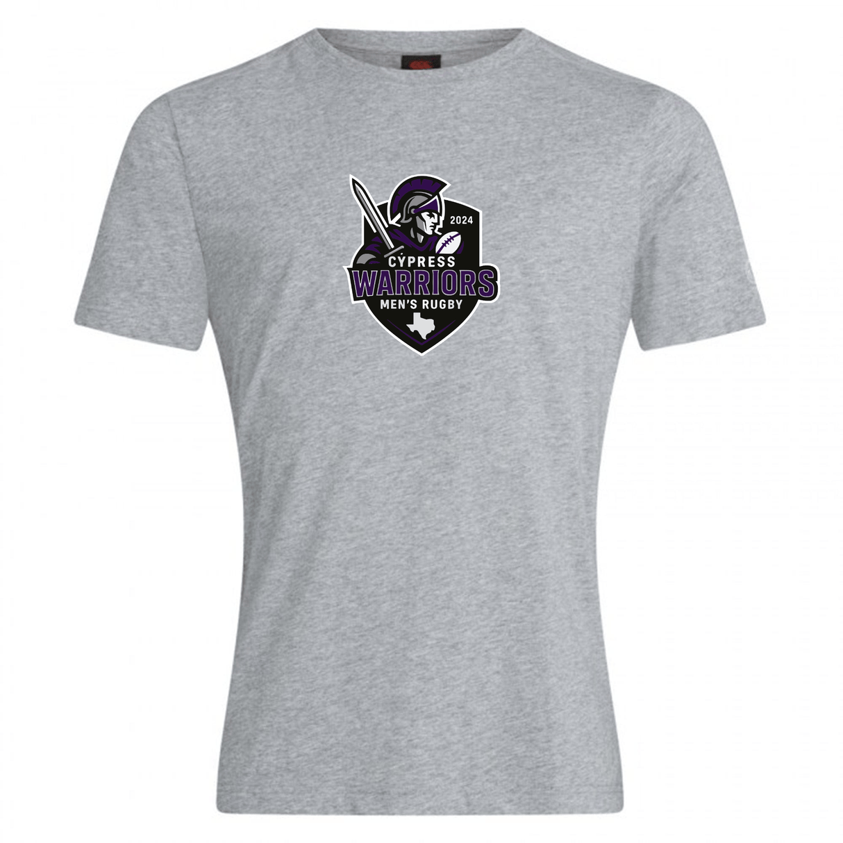 The Cypress Warriors Men's Rugby Club Plain Tee by WRS Canterbury is a customizable gray cotton blend shirt with a warrior helmet and rugby ball logo, ideal for showing team spirit and comfort.